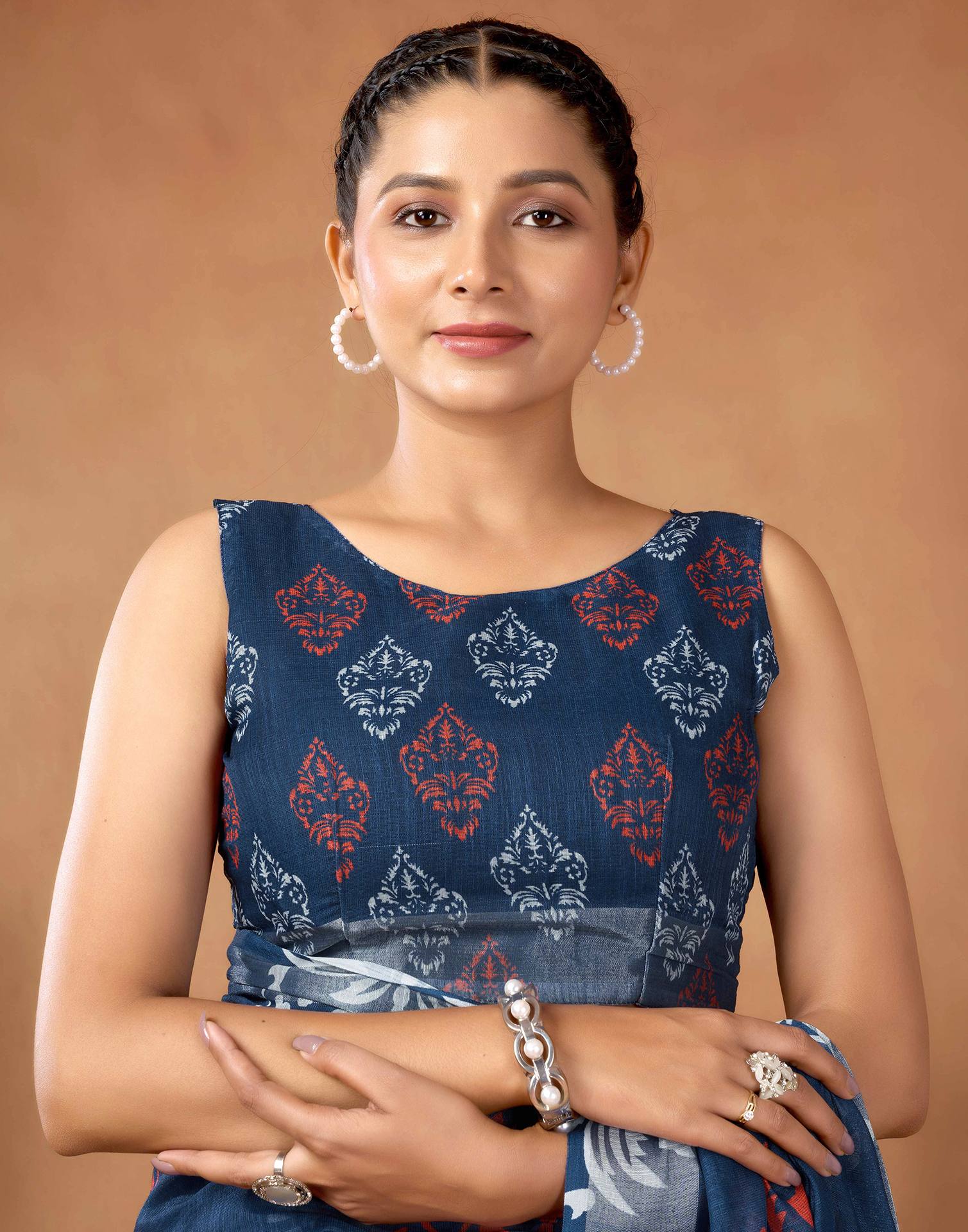 Navy Blue Cotton Linen Printed Saree