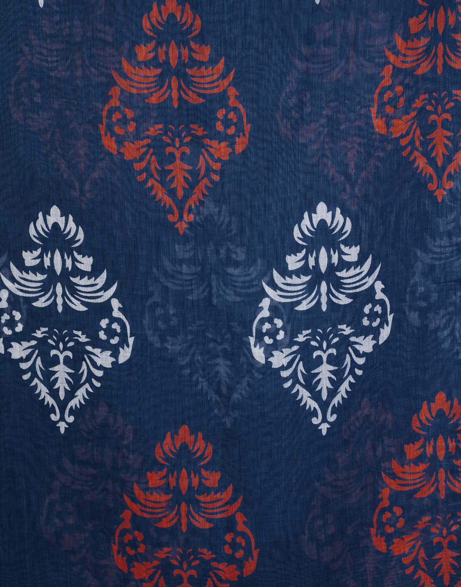 Navy Blue Cotton Linen Printed Saree