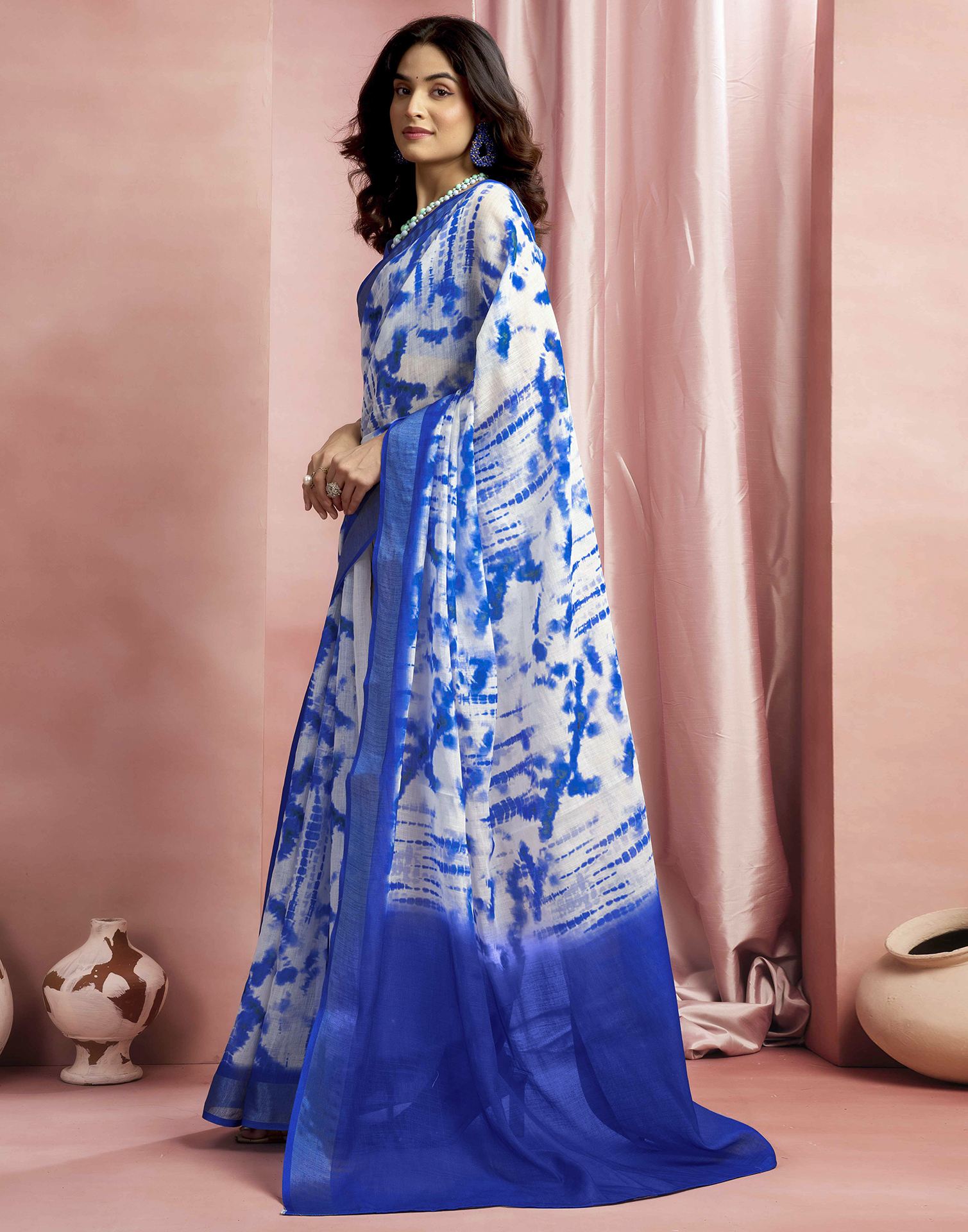 Blue Cotton Linen Printed Dyed Saree