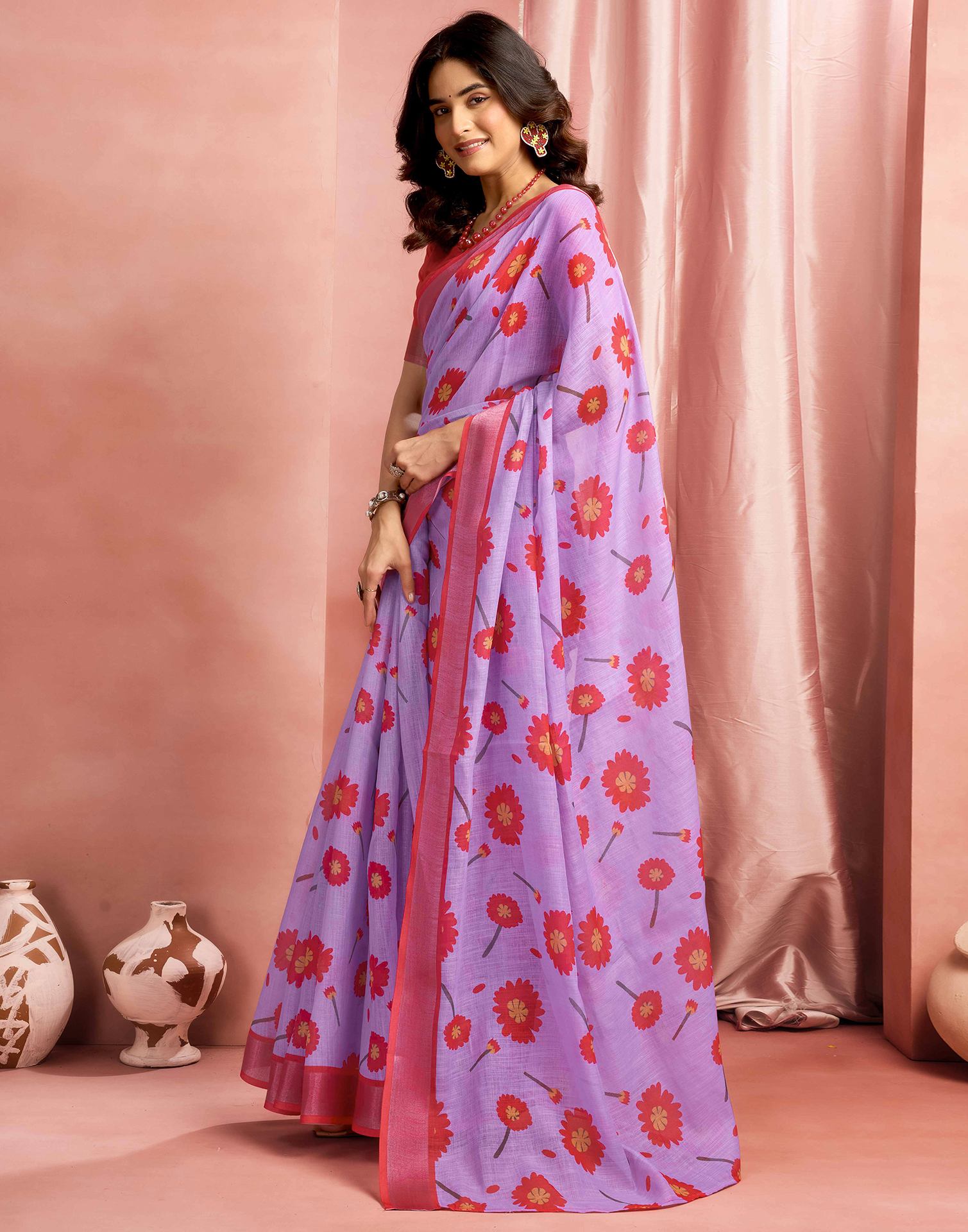 Lavender Cotton Linen Printed Saree