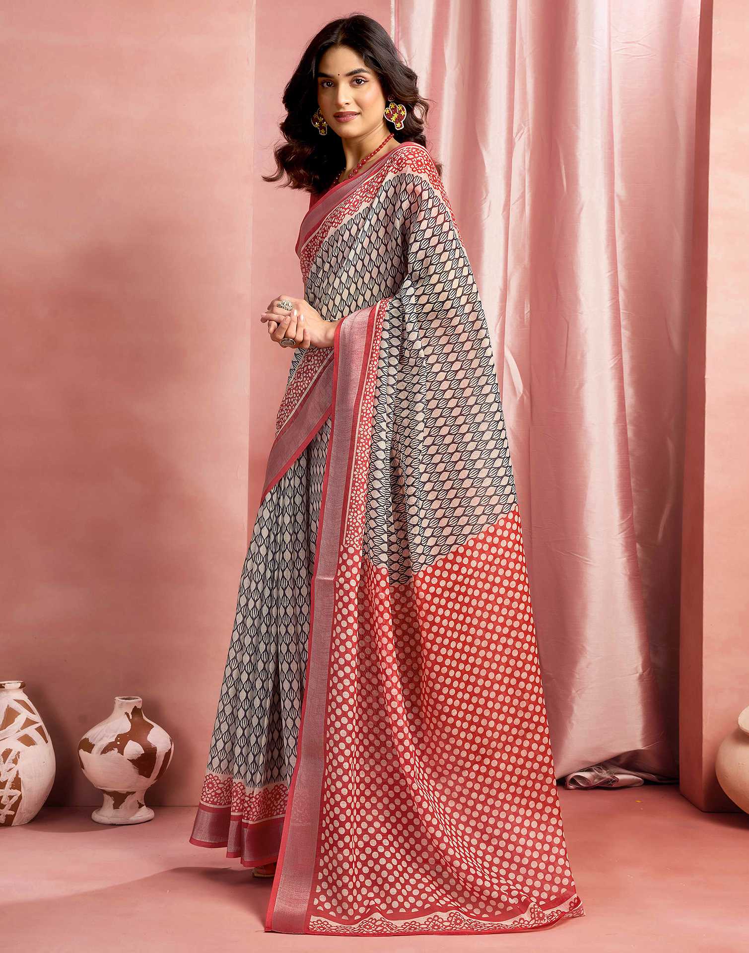 Beige Cotton Linen Printed Saree