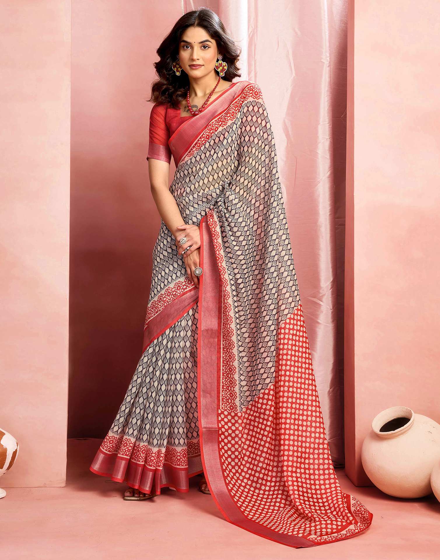 Beige Cotton Linen Printed Saree