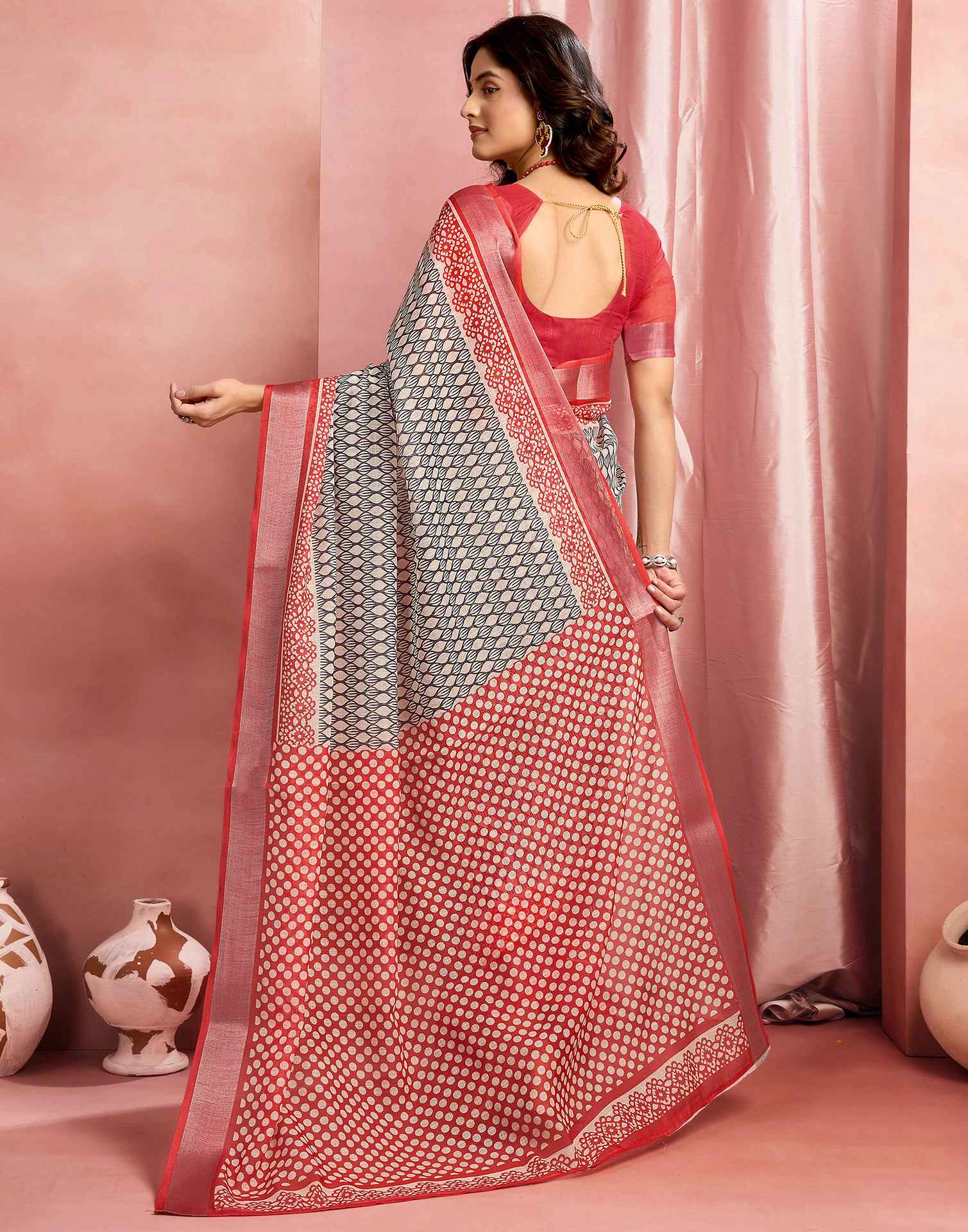 Beige Cotton Linen Printed Saree