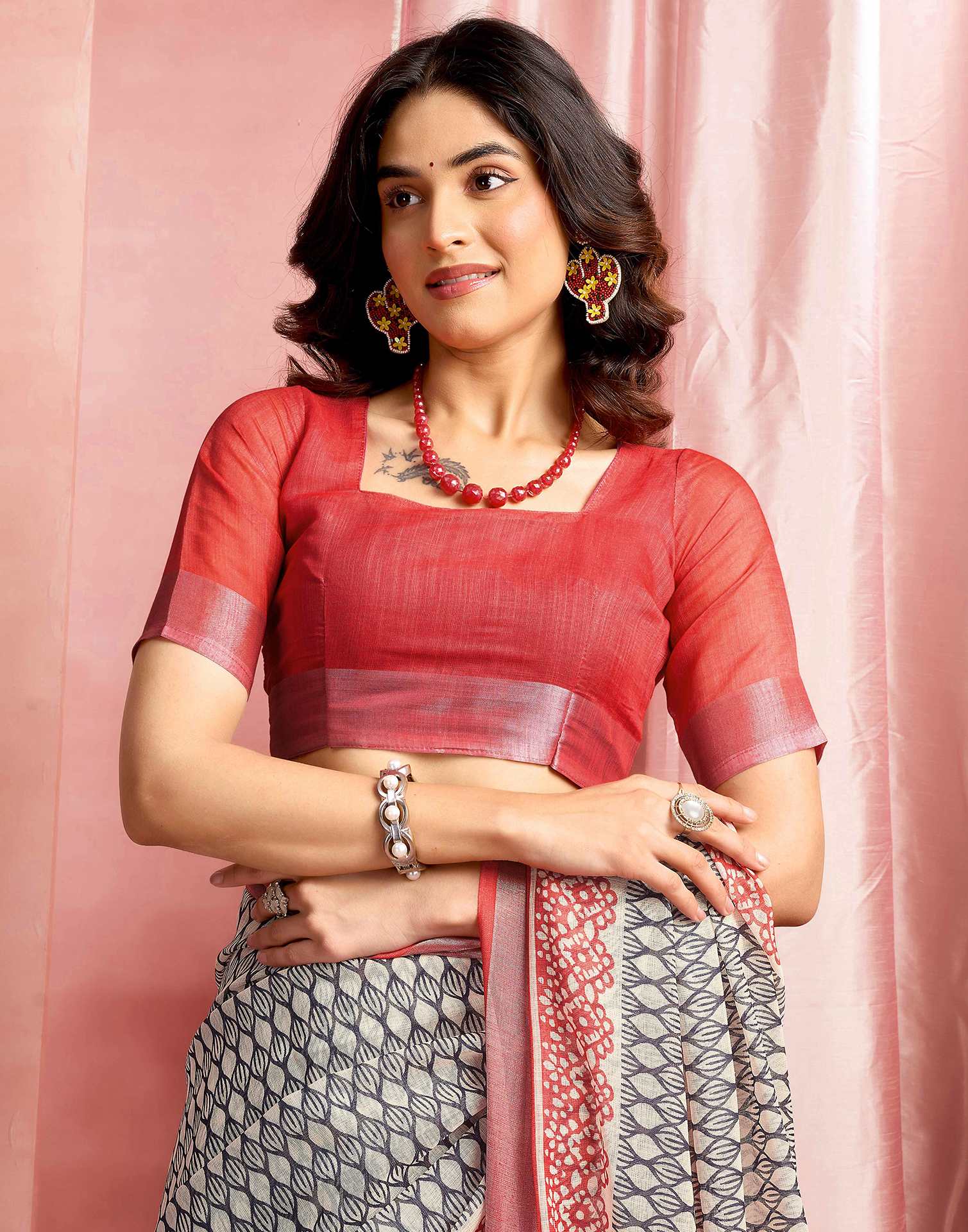 Beige Cotton Linen Printed Saree