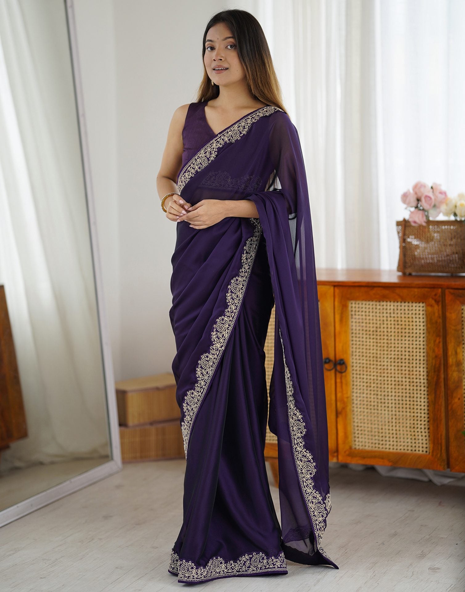 Dark Purple Silk Embroidery Lace Saree