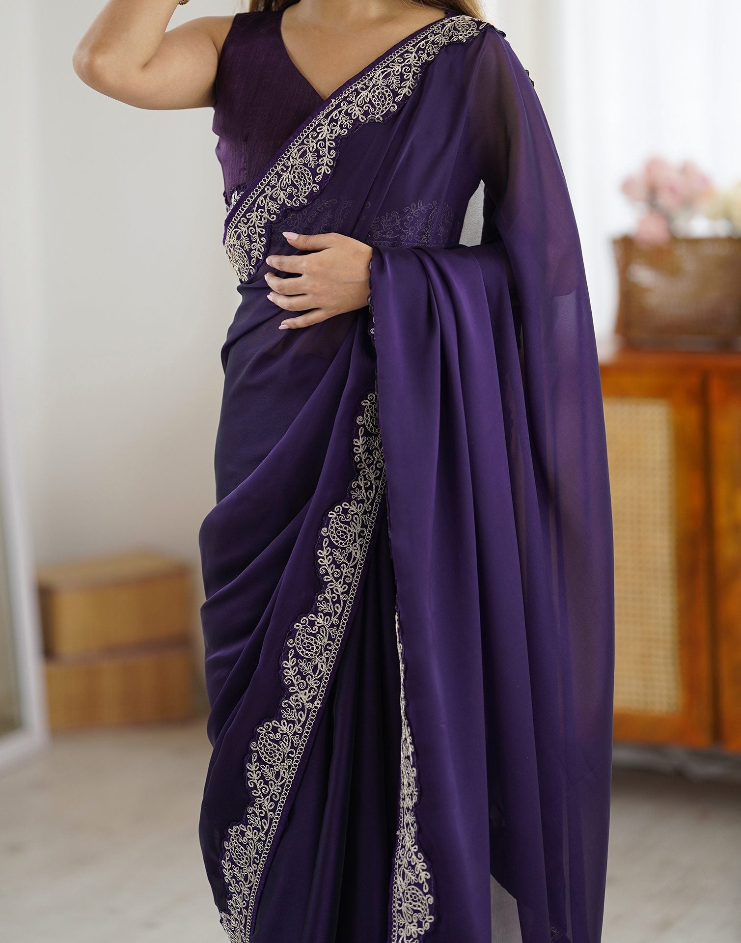Dark Purple Silk Embroidery Lace Saree