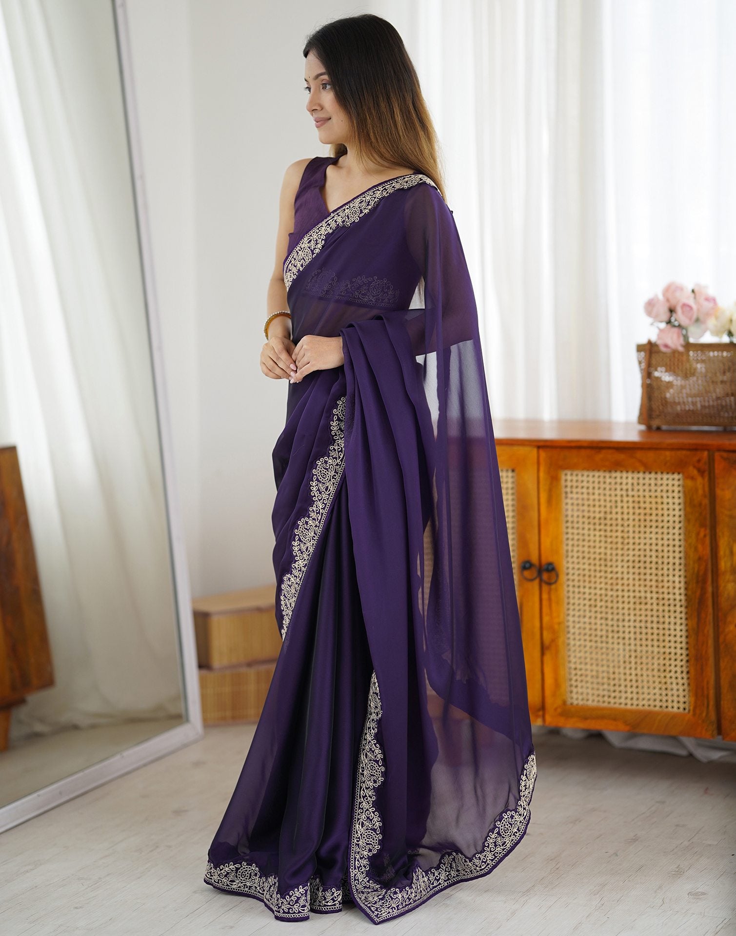 Dark Purple Silk Embroidery Lace Saree