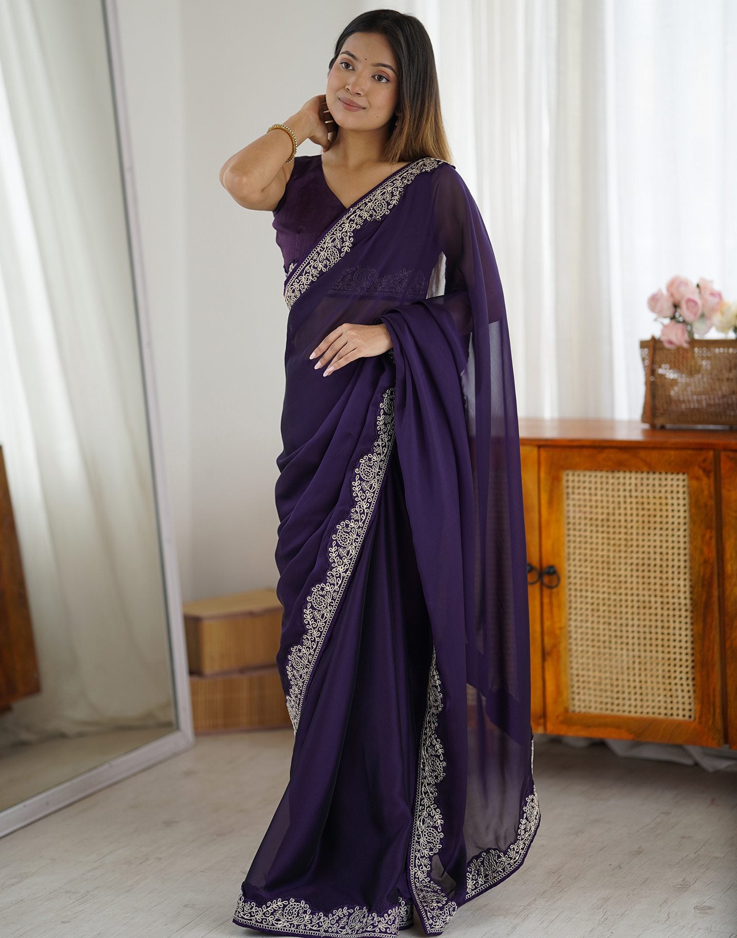 Dark Purple Silk Embroidery Lace Saree
