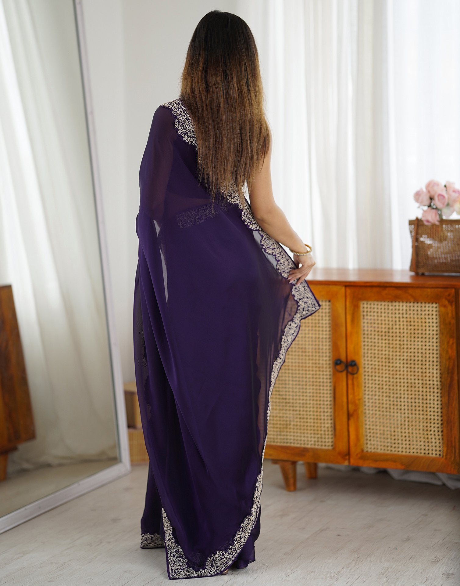 Dark Purple Silk Embroidery Lace Saree