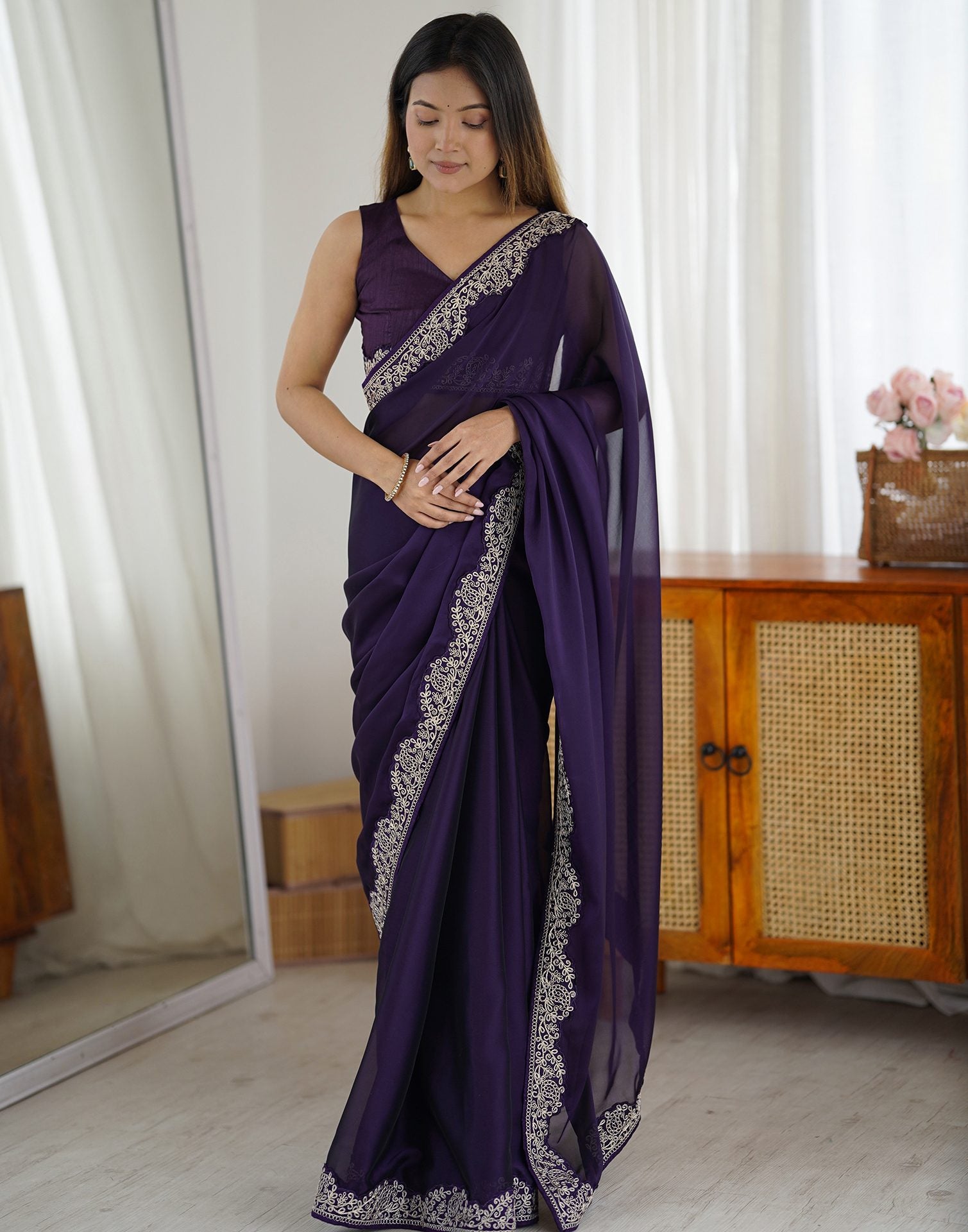 Dark Purple Silk Embroidery Lace Saree