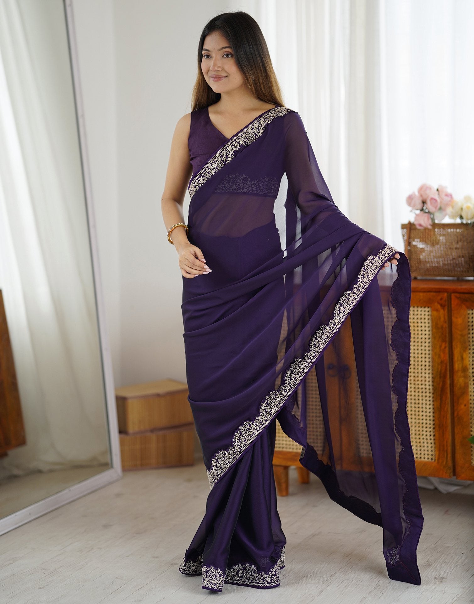 Dark Purple Silk Embroidery Lace Saree
