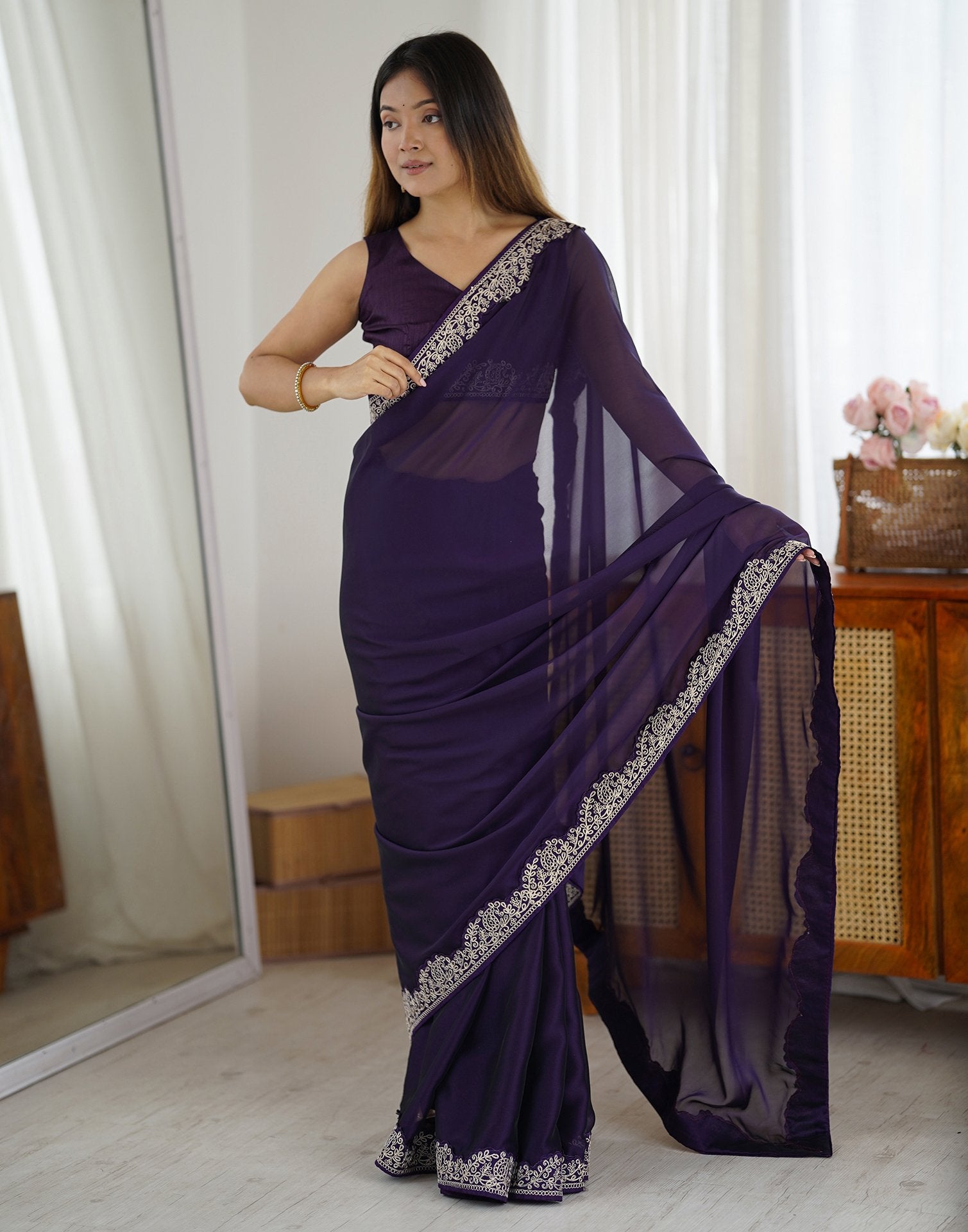 Dark Purple Silk Embroidery Lace Saree