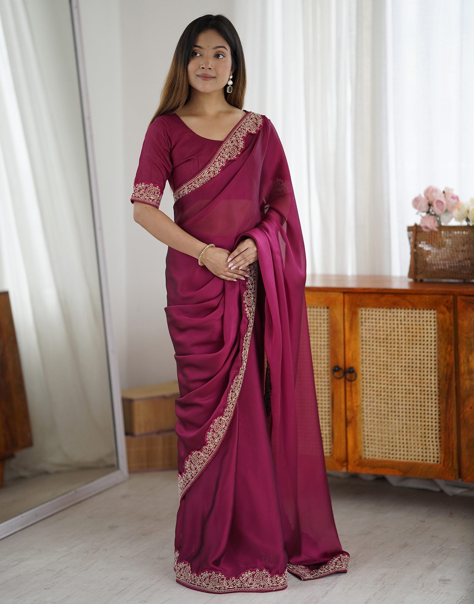Purple Silk Embroidery Lace Saree