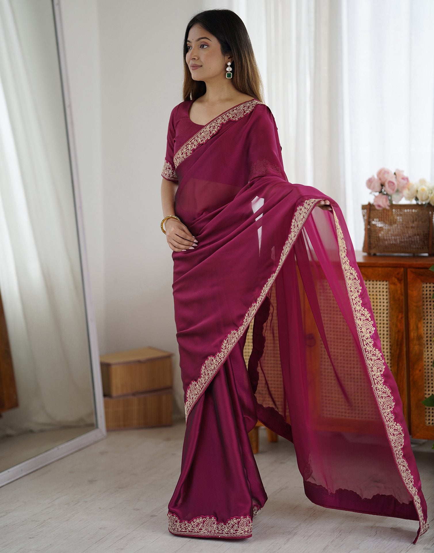 Purple Silk Embroidery Lace Saree