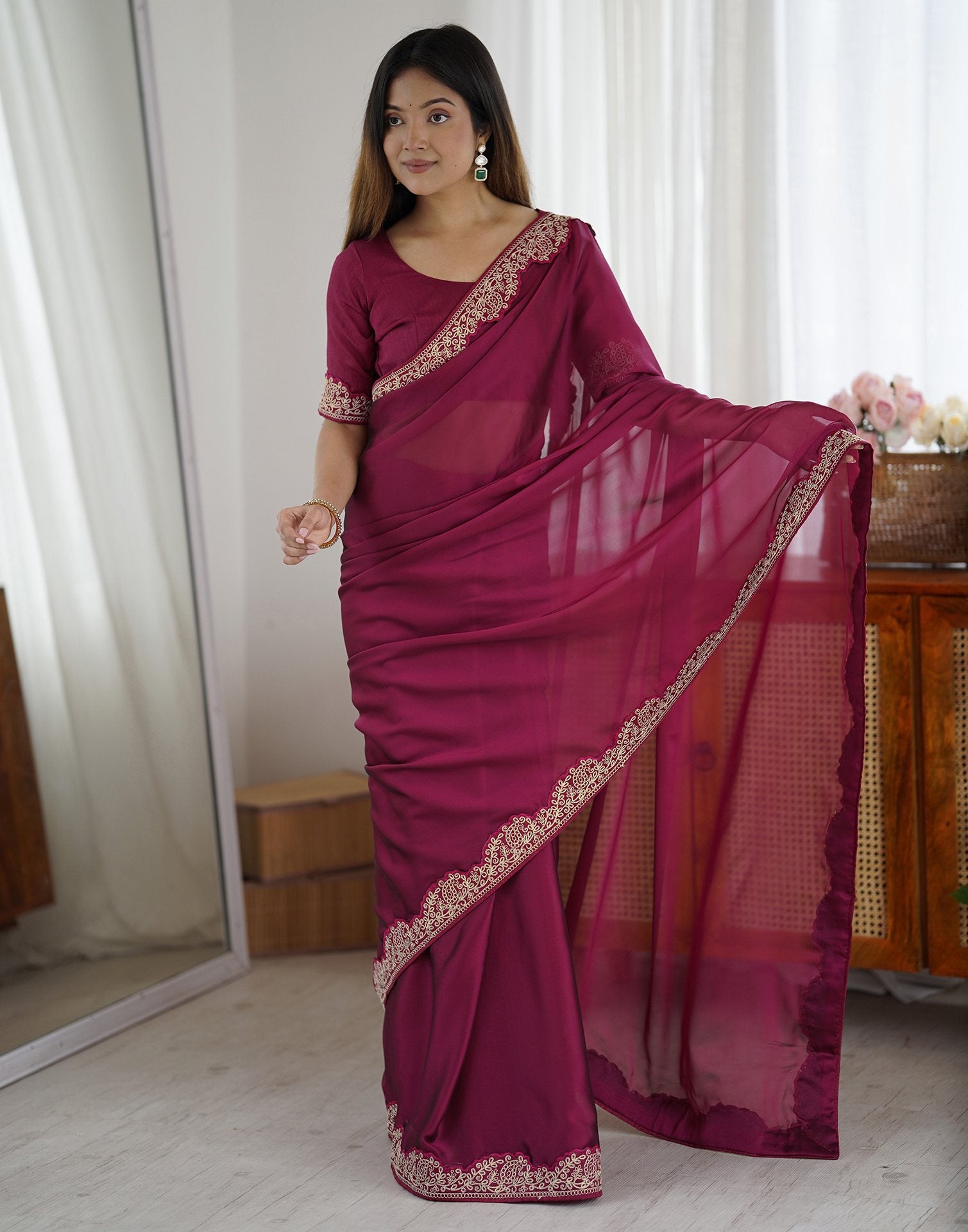 Purple Silk Embroidery Lace Saree