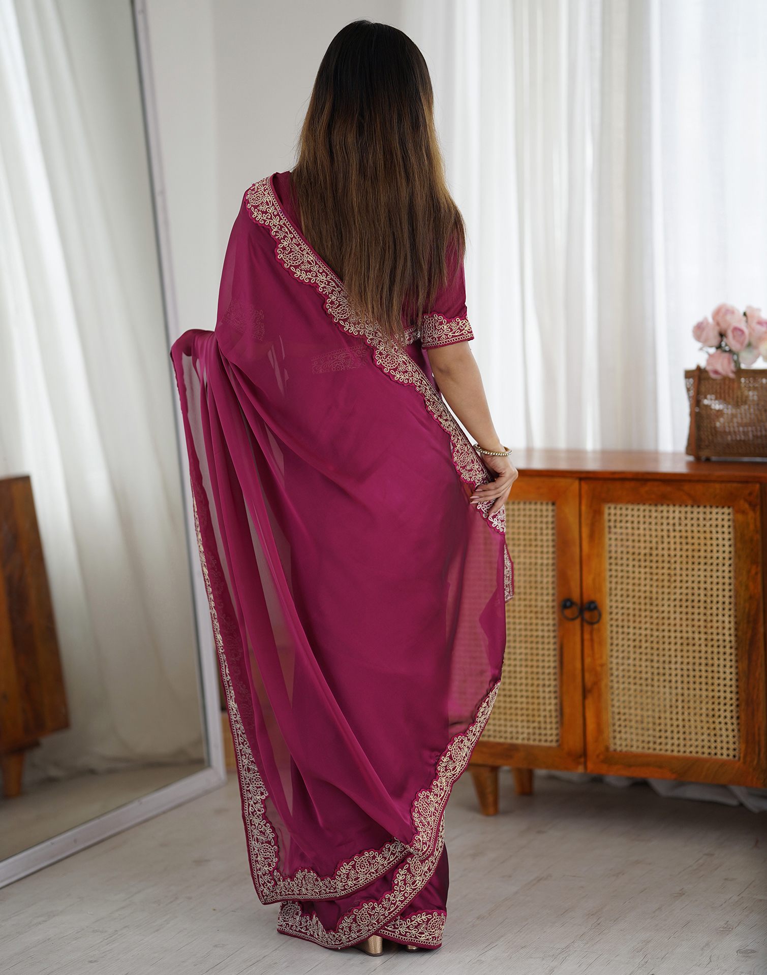 Purple Silk Embroidery Lace Saree