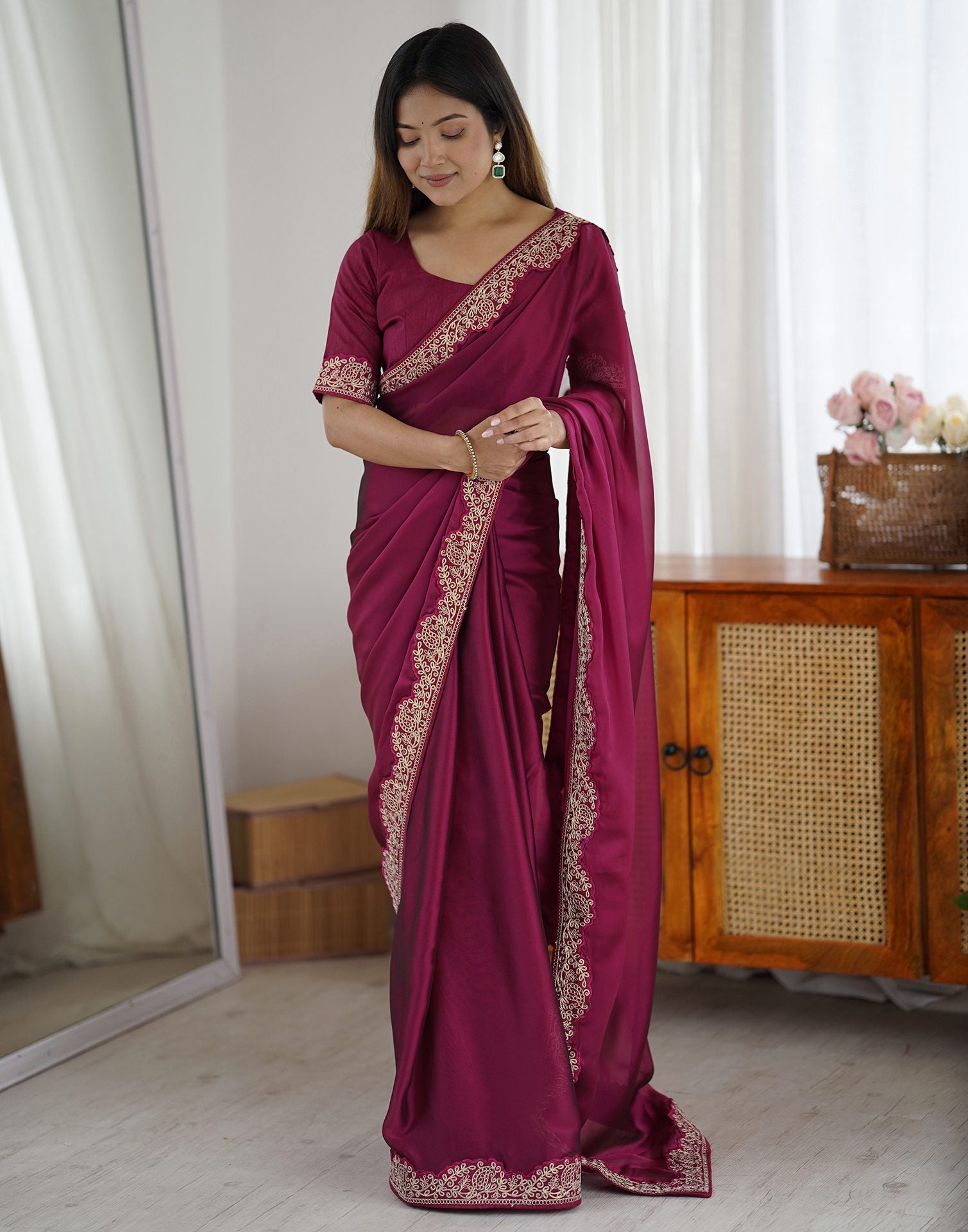 Purple Silk Embroidery Lace Saree
