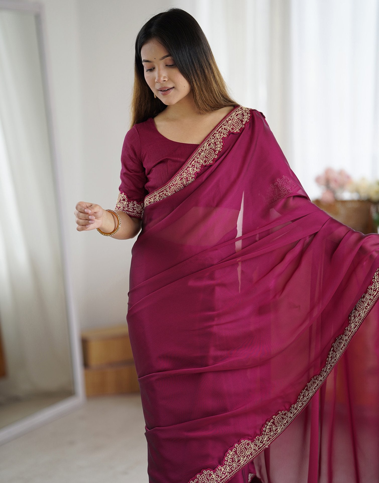 Purple Silk Embroidery Lace Saree
