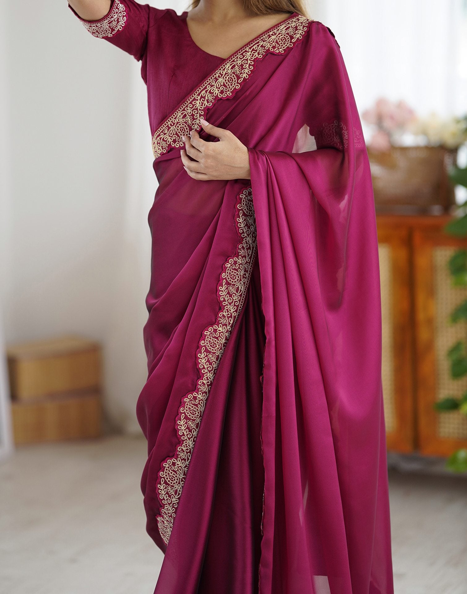 Purple Silk Embroidery Lace Saree