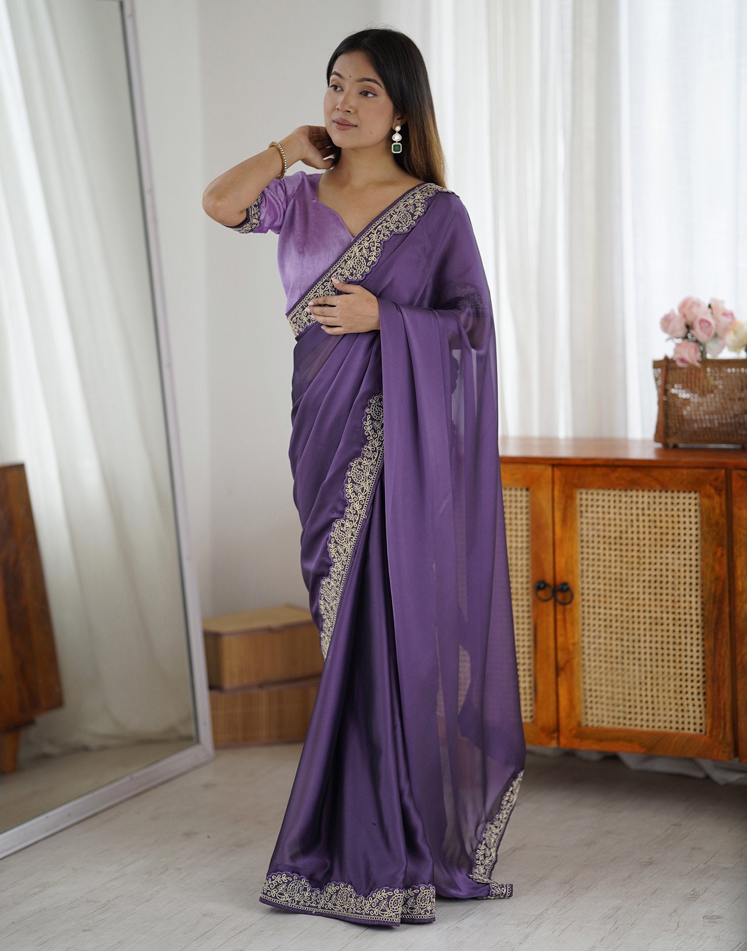 Plum Purple Silk Embroidery Lace Saree