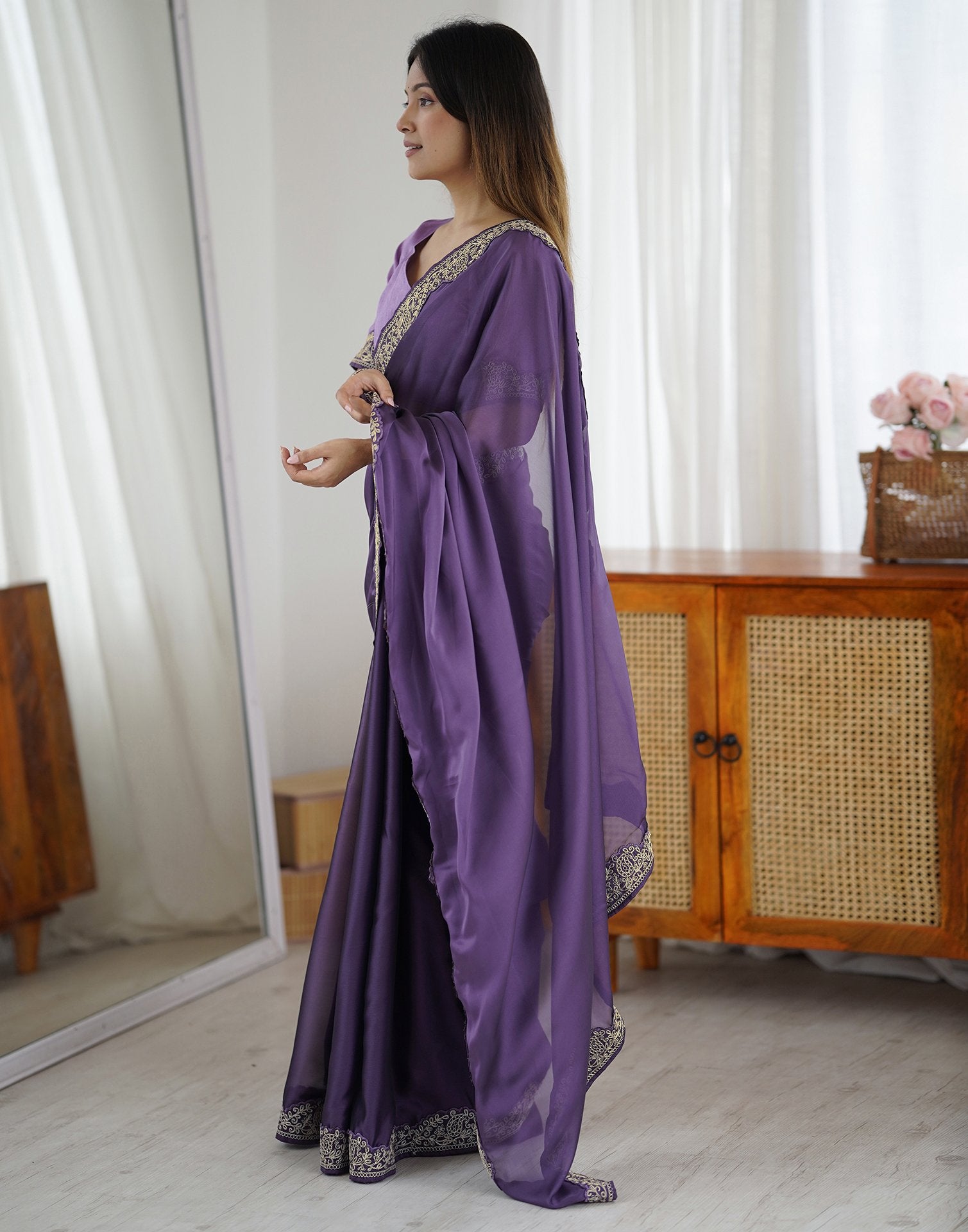 Plum Purple Silk Embroidery Lace Saree