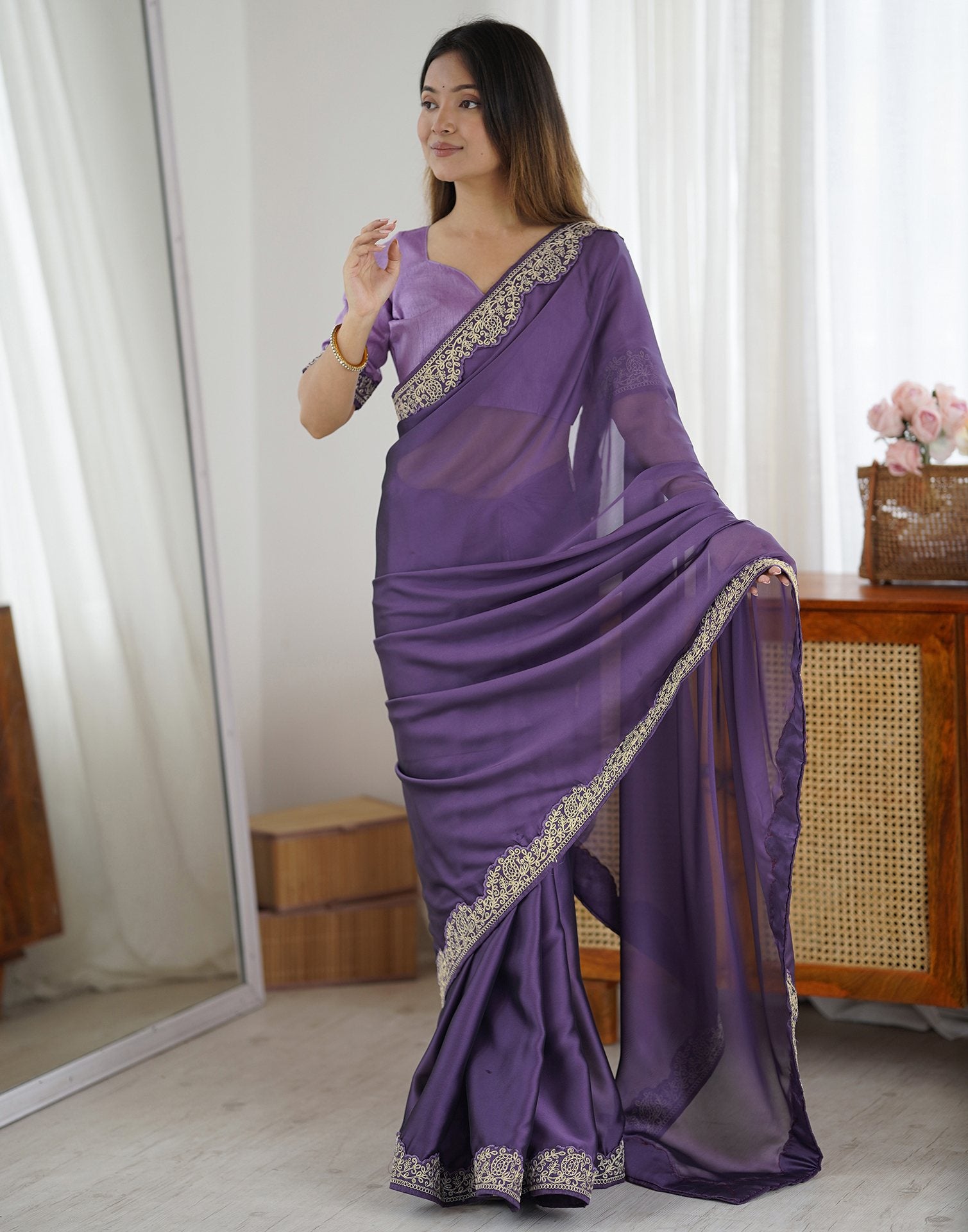 Plum Purple Silk Embroidery Lace Saree