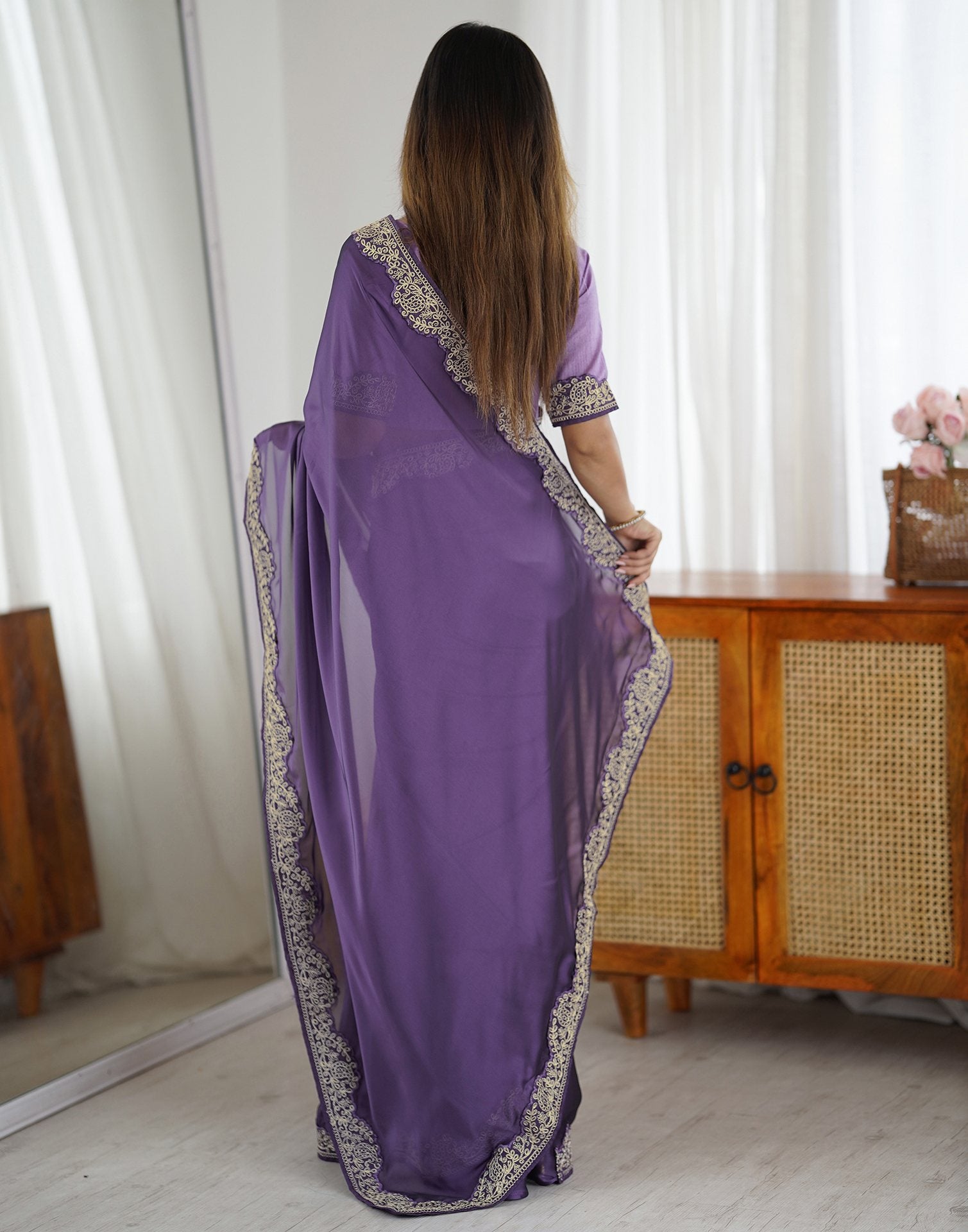 Plum Purple Silk Embroidery Lace Saree