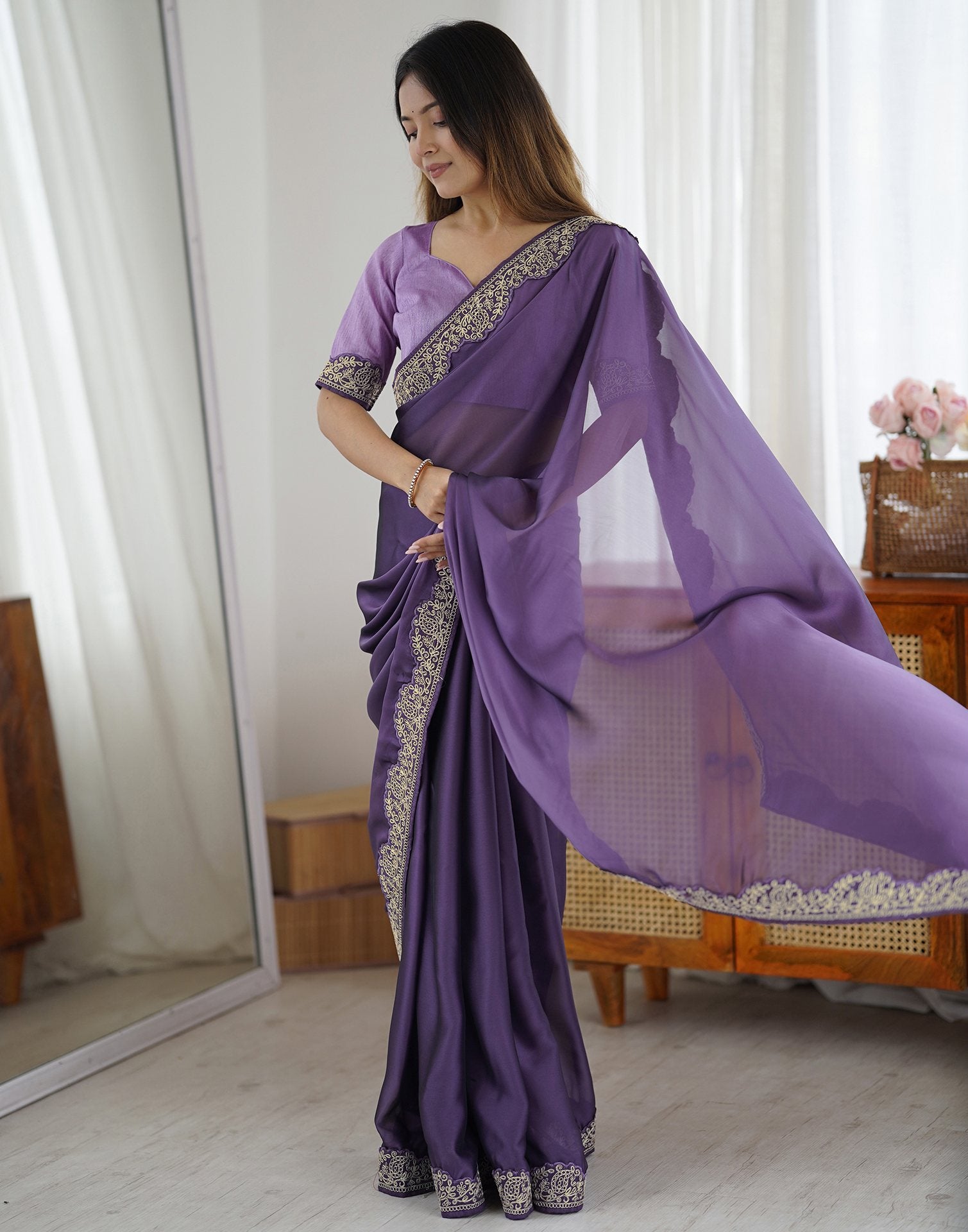 Plum Purple Silk Embroidery Lace Saree