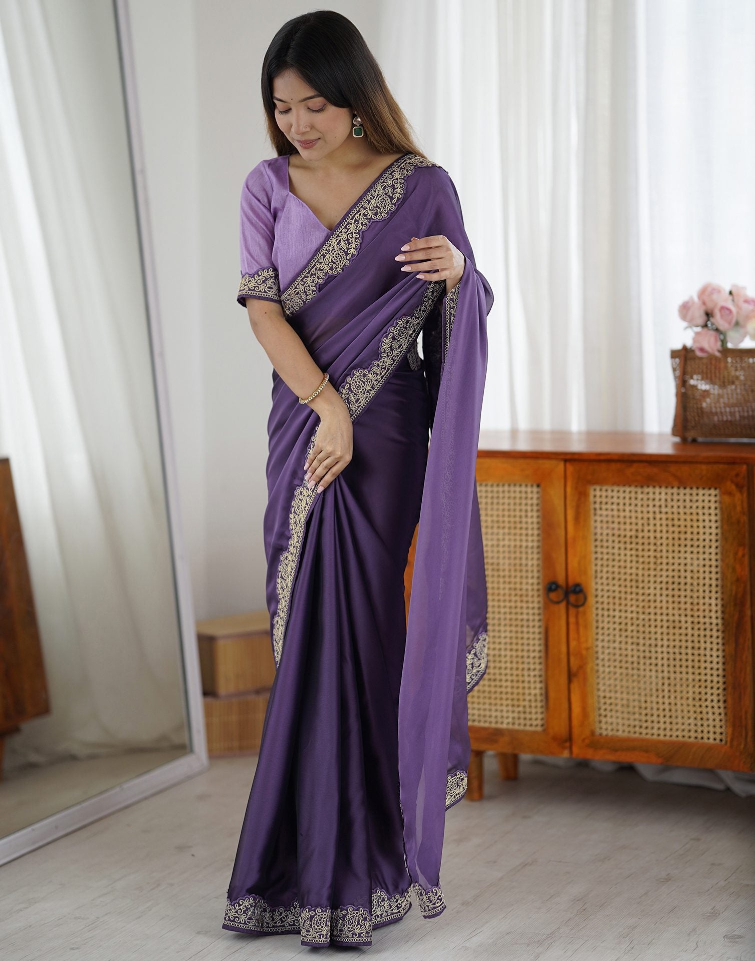 Plum Purple Silk Embroidery Lace Saree