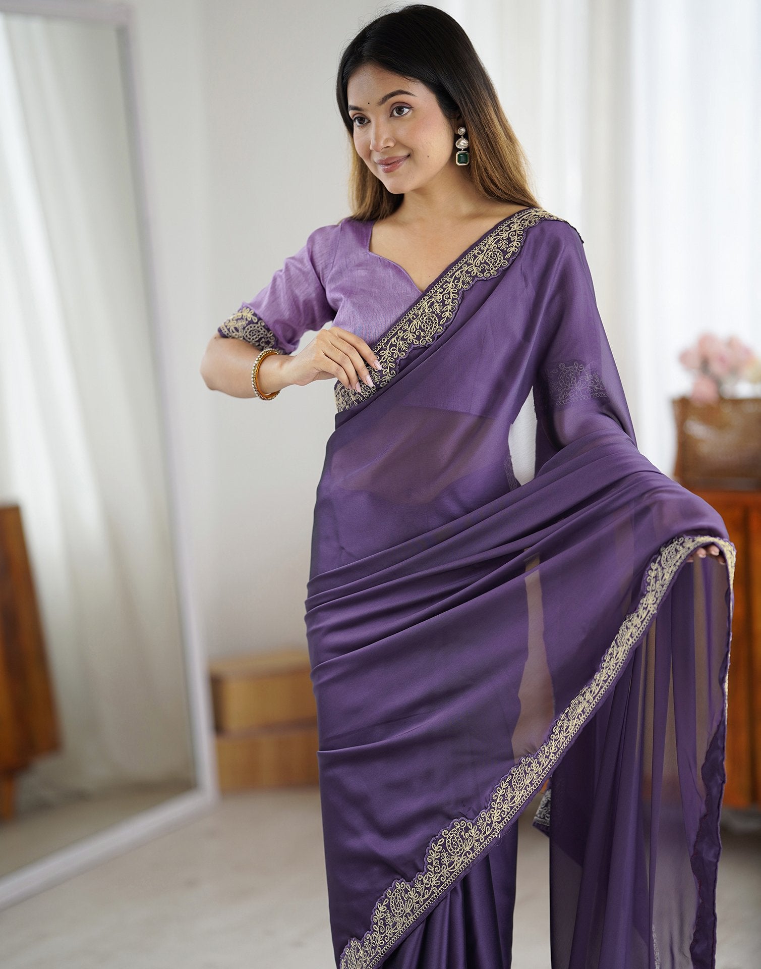 Plum Purple Silk Embroidery Lace Saree