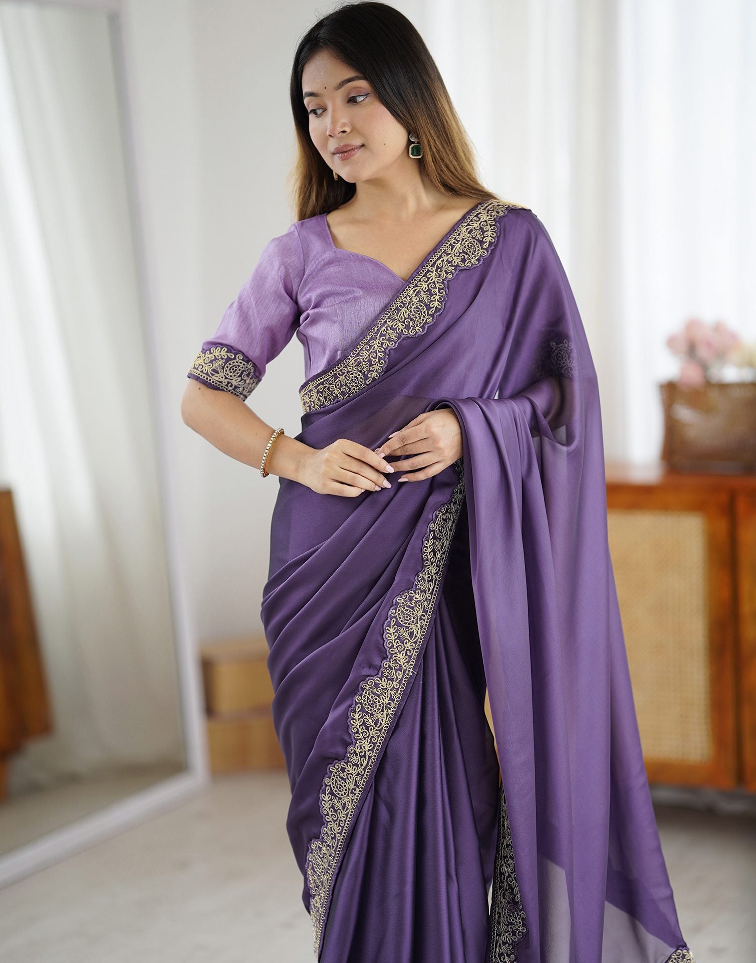 Plum Purple Silk Embroidery Lace Saree
