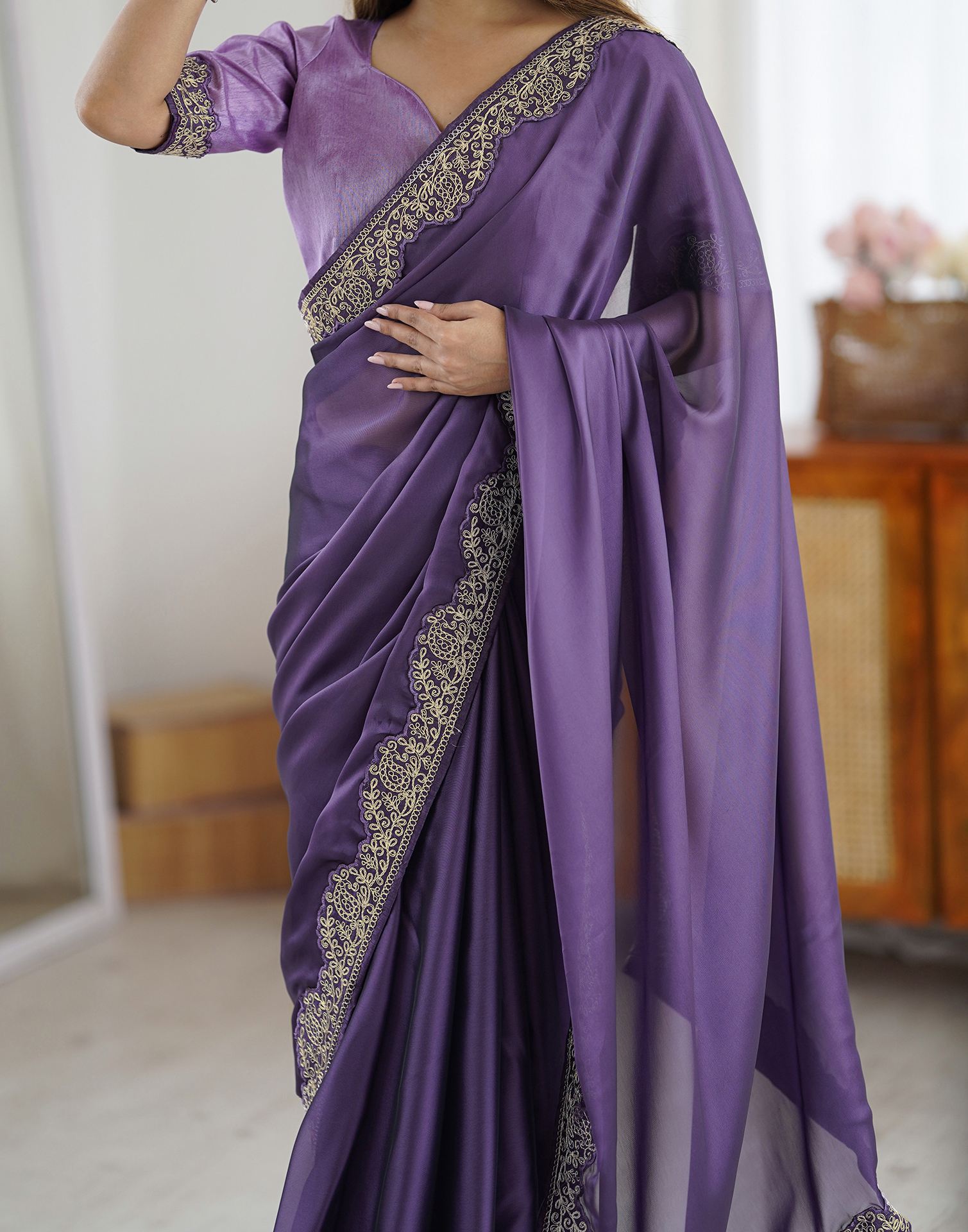 Plum Purple Silk Embroidery Lace Saree