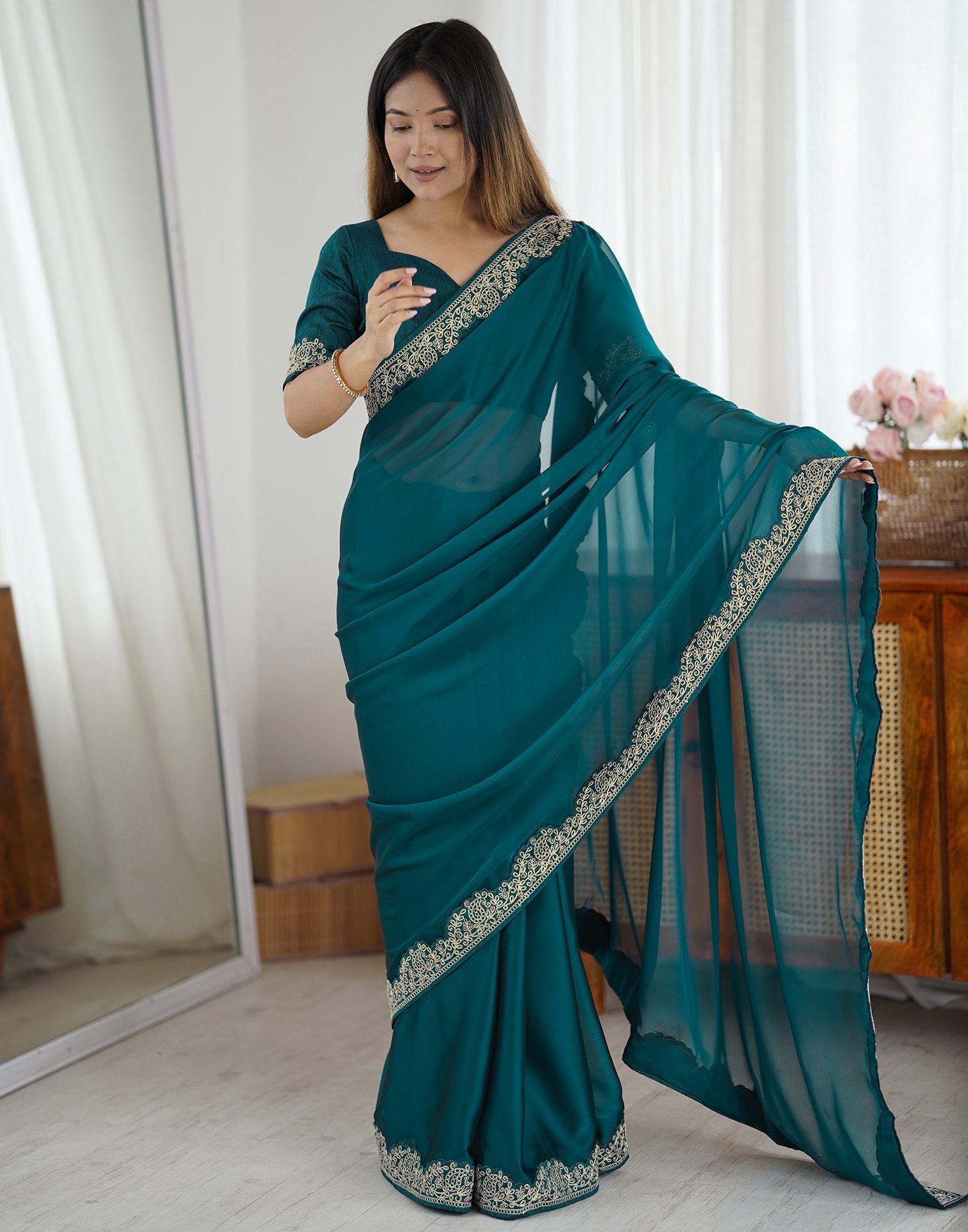Rama Green Silk Embroidery Lace Saree