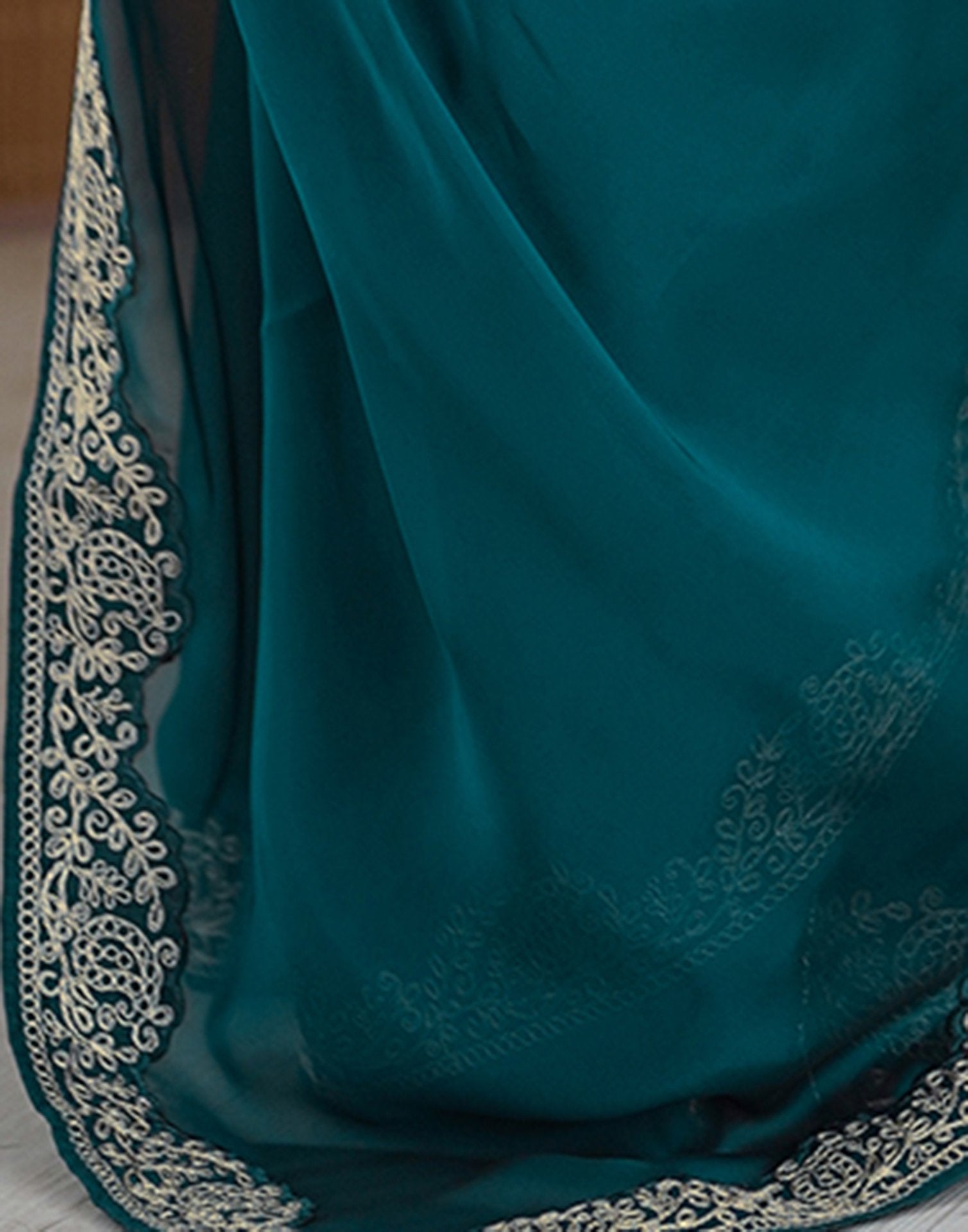 Rama Green Silk Embroidery Lace Saree