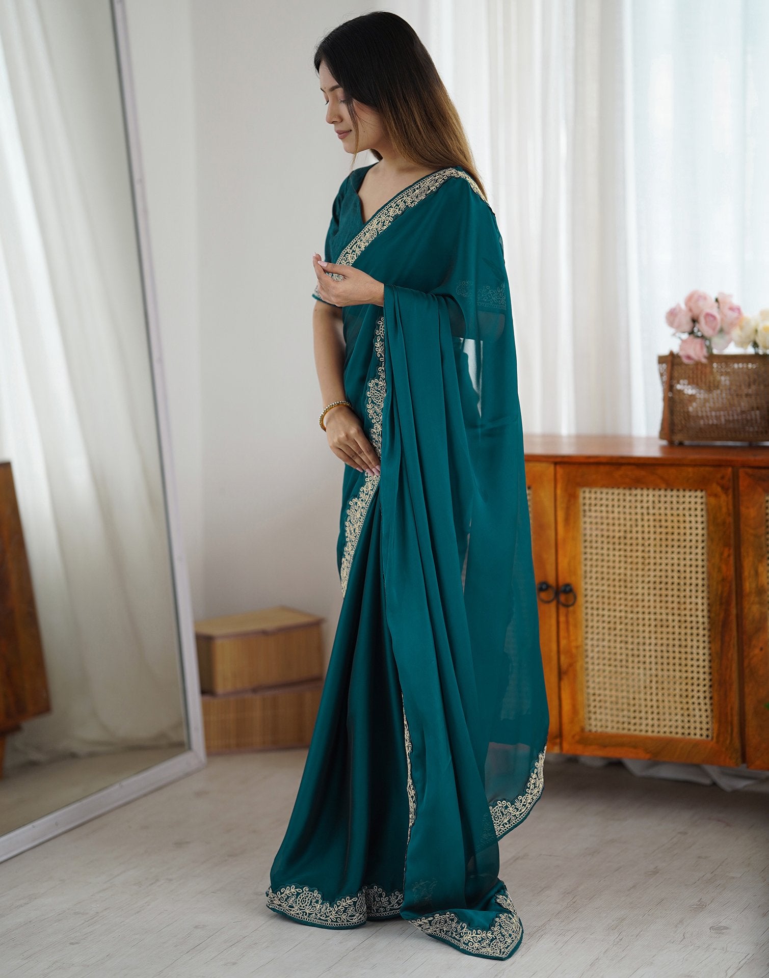 Rama Green Silk Embroidery Lace Saree