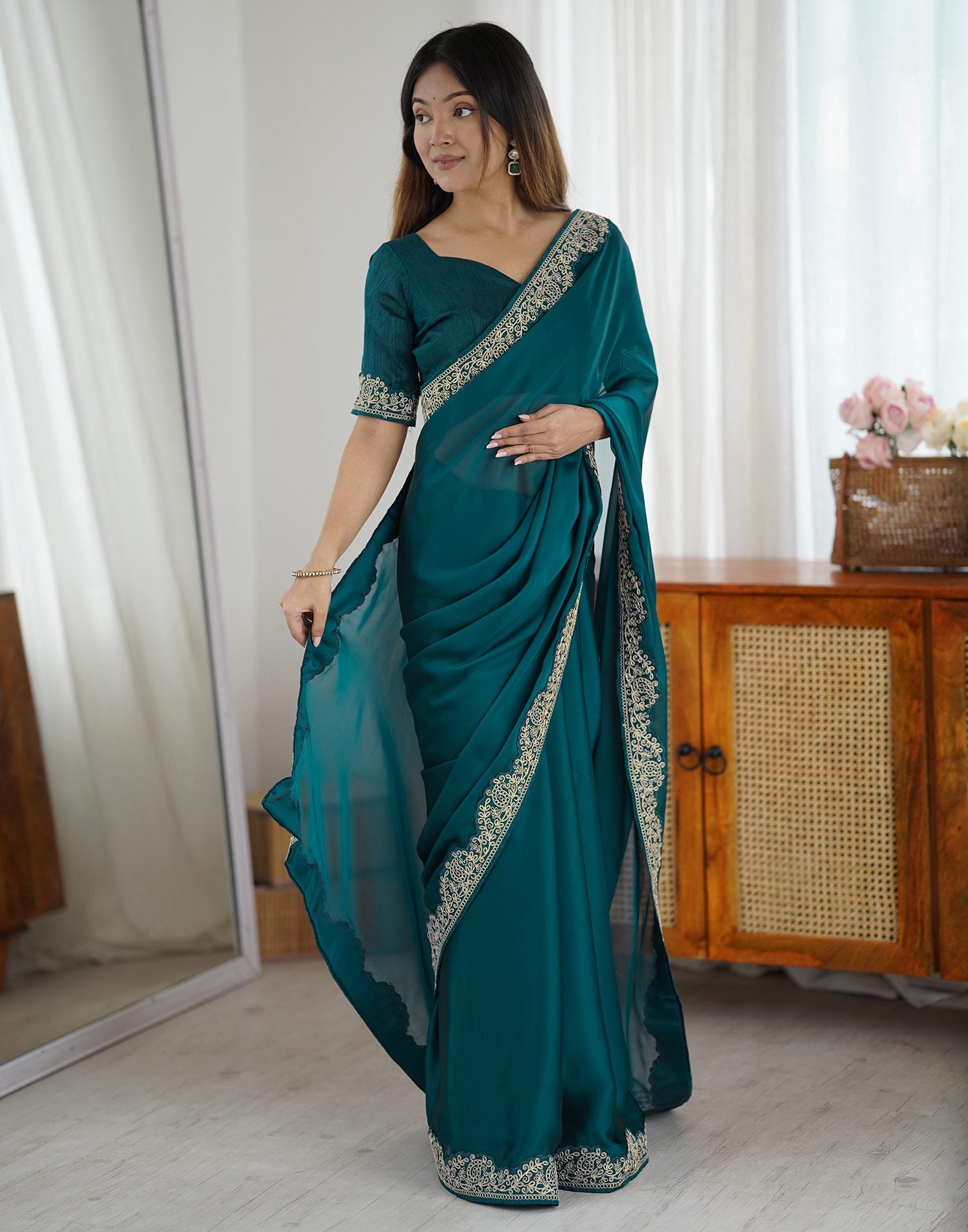 Rama Green Silk Embroidery Lace Saree