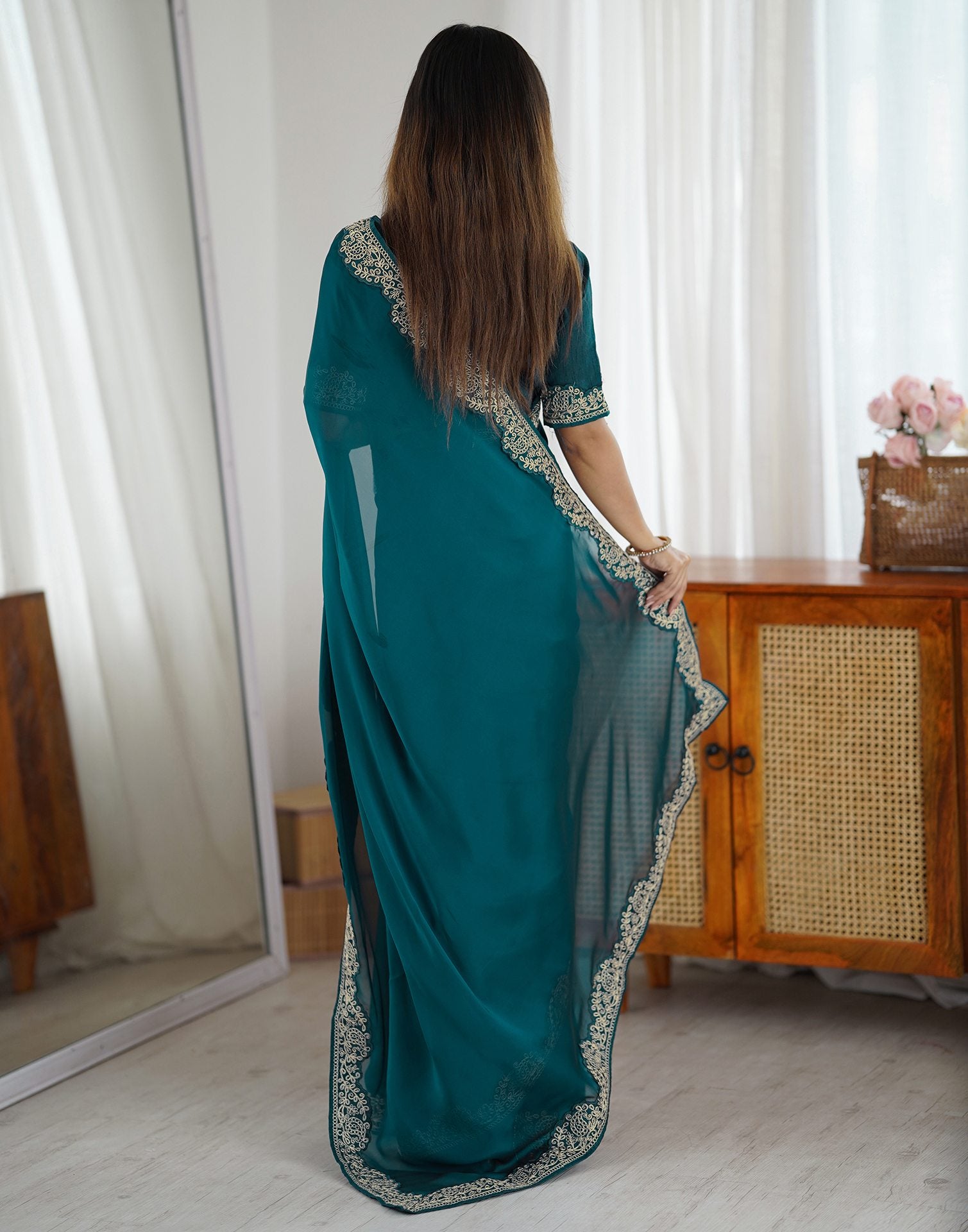 Rama Green Silk Embroidery Lace Saree