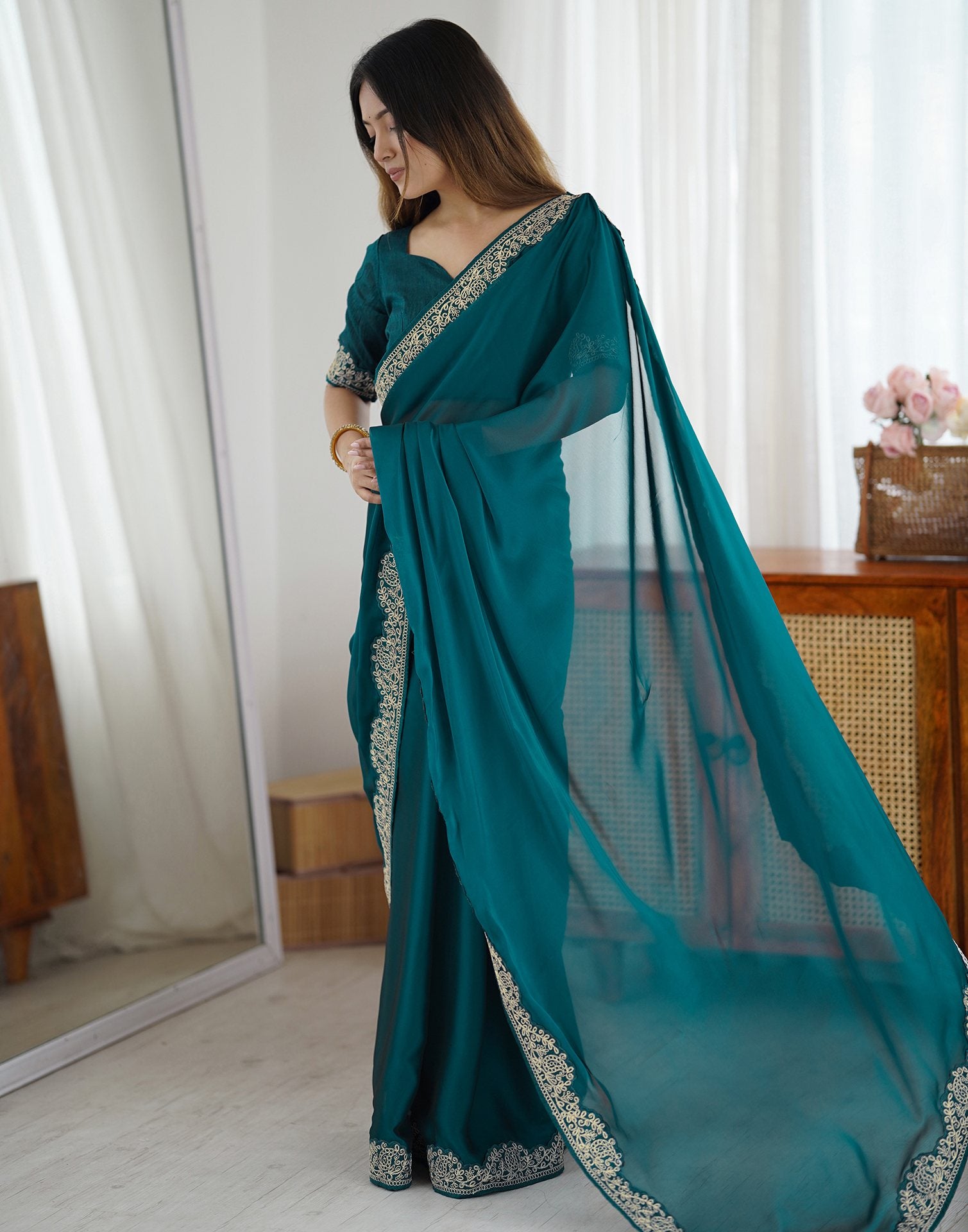 Rama Green Silk Embroidery Lace Saree