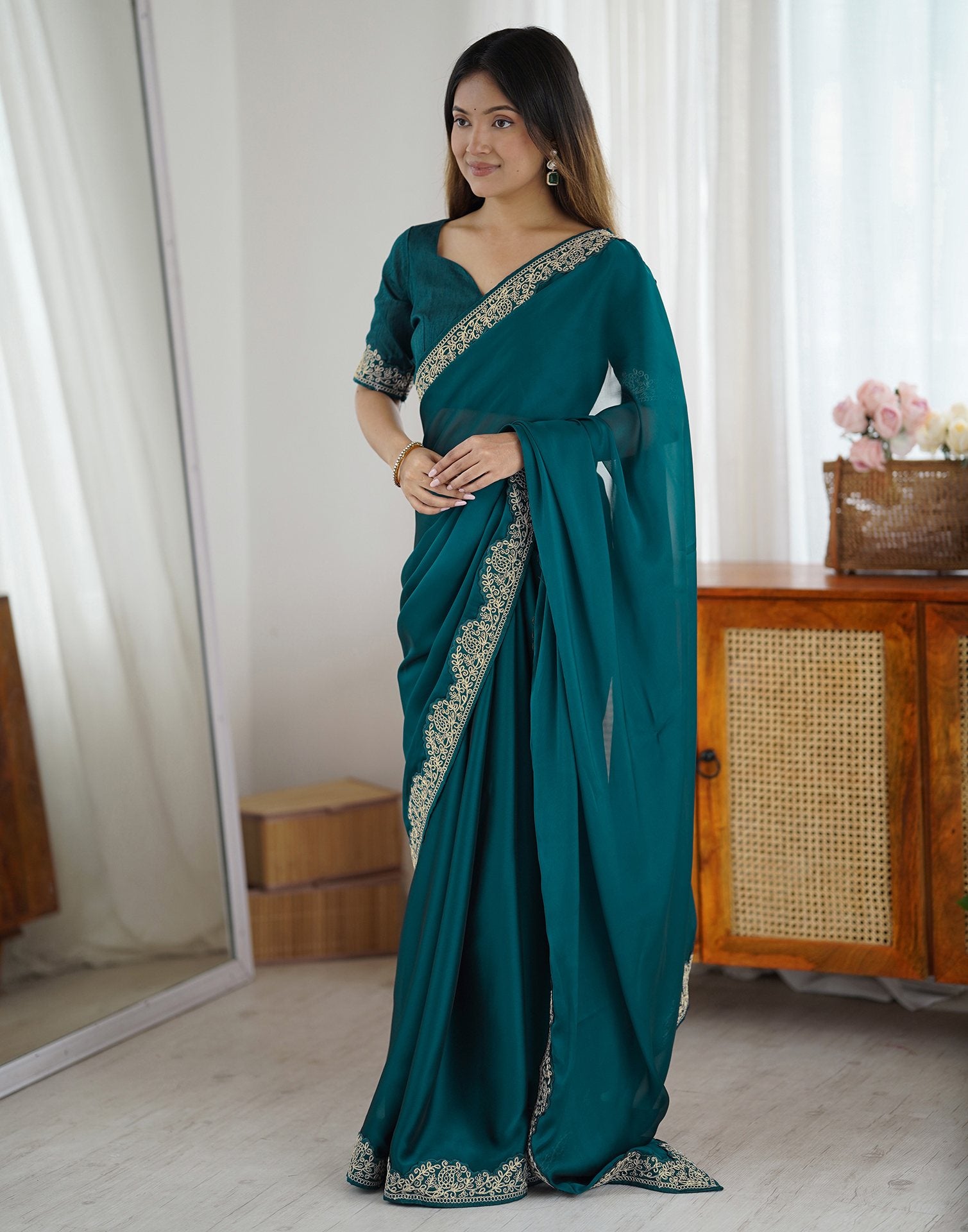 Rama Green Silk Embroidery Lace Saree