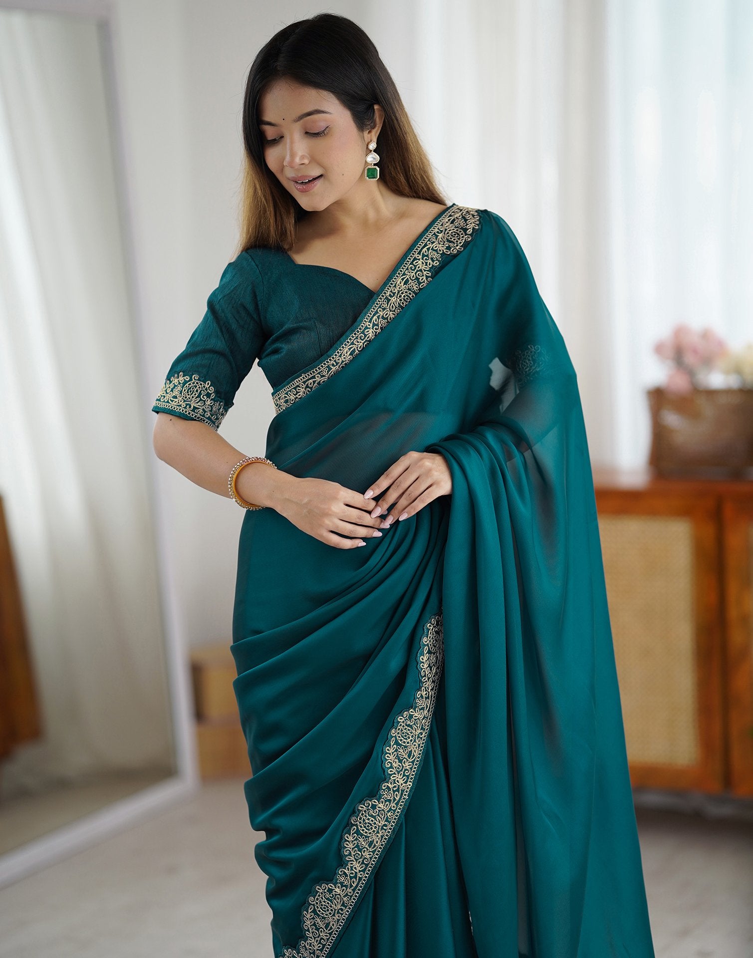 Rama Green Silk Embroidery Lace Saree