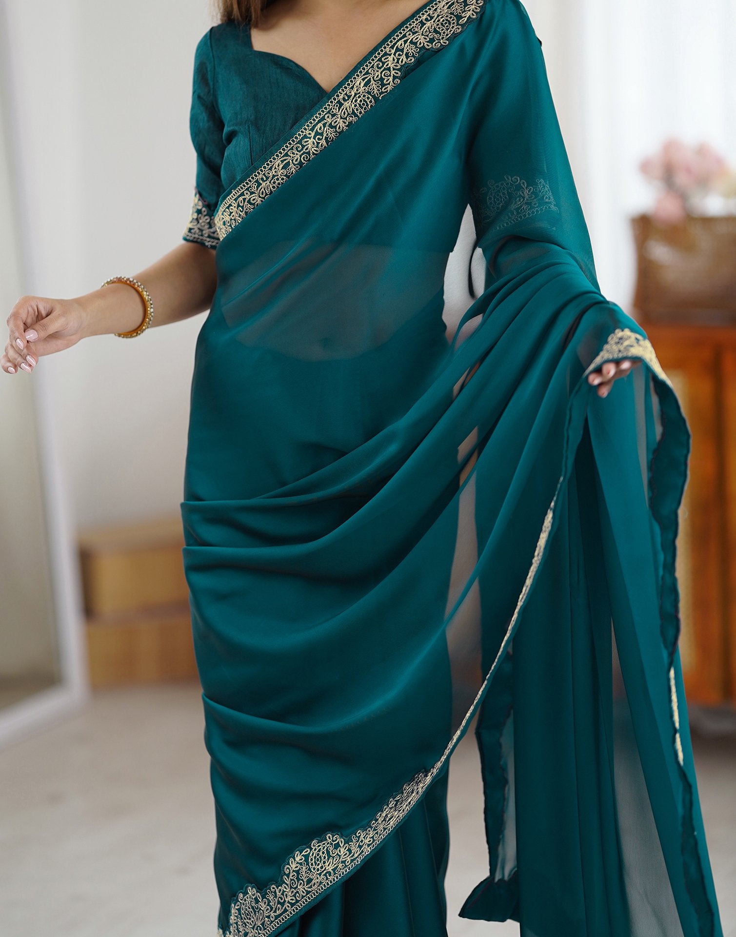 Rama Green Silk Embroidery Lace Saree