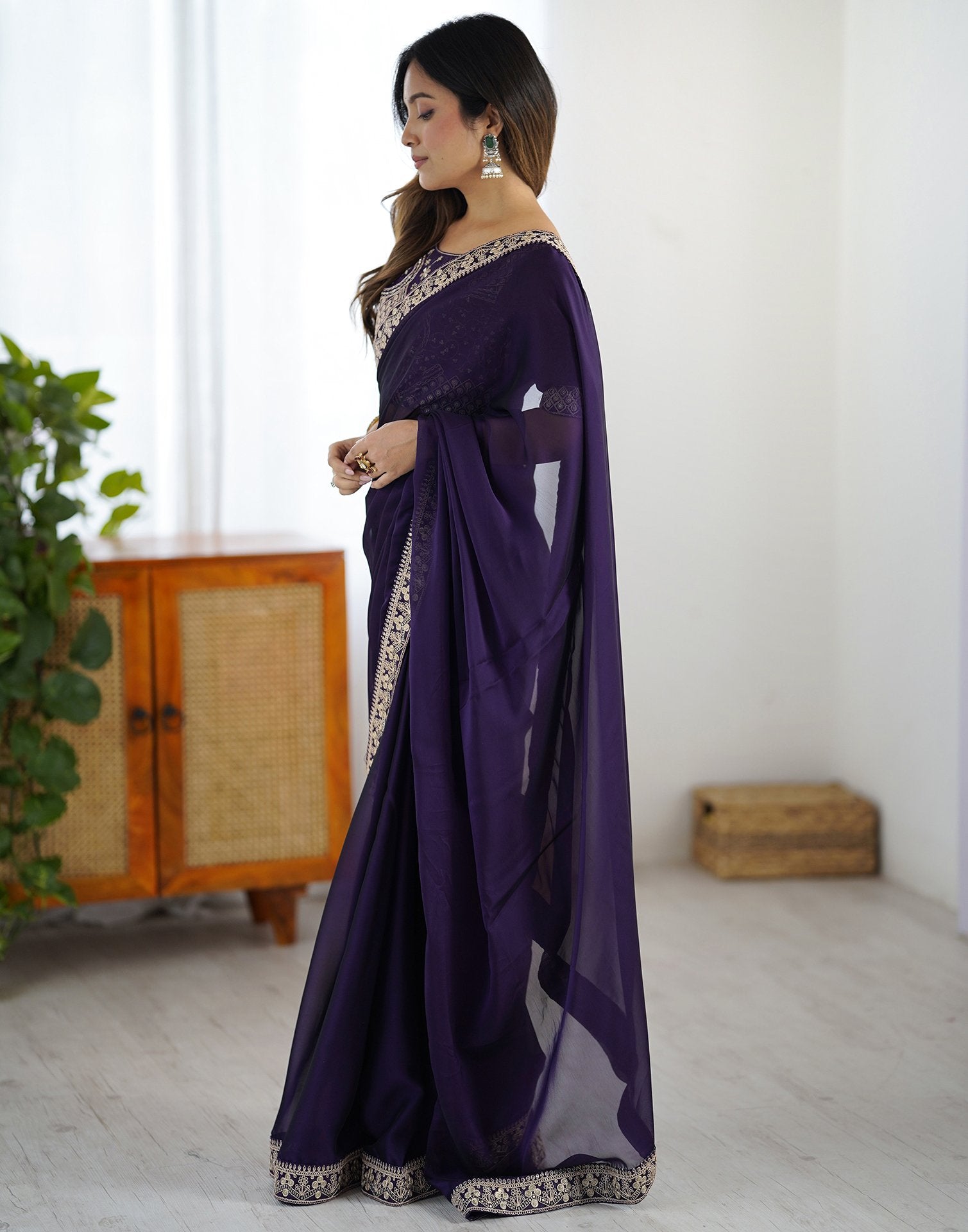 Dark Purple Silk Sequence Lace Saree