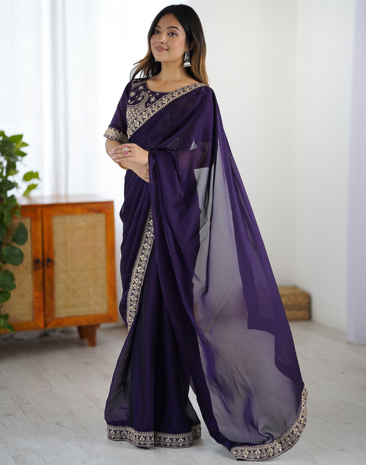 Dark Purple Silk Sequence Lace Saree