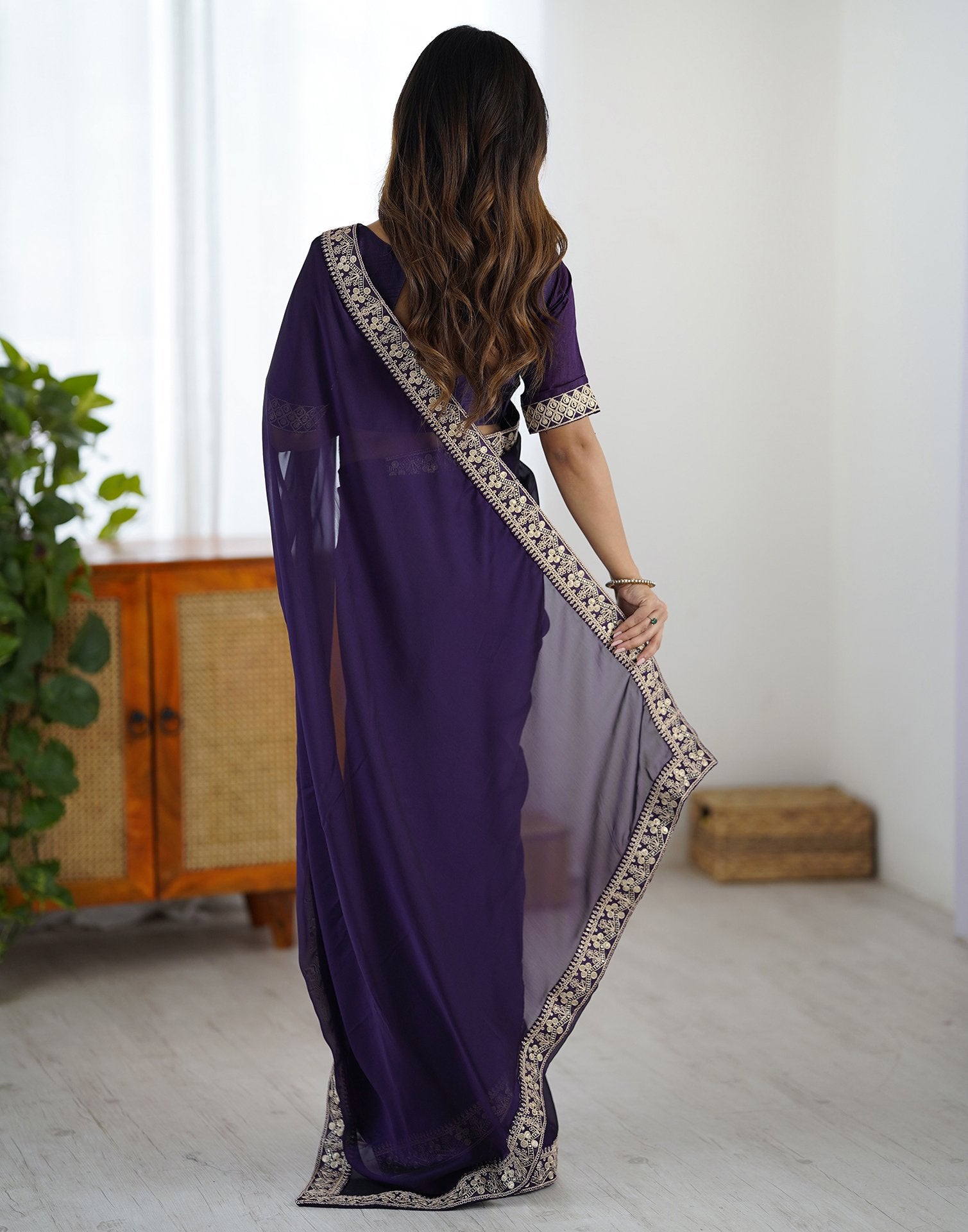 Dark Purple Silk Sequence Lace Saree