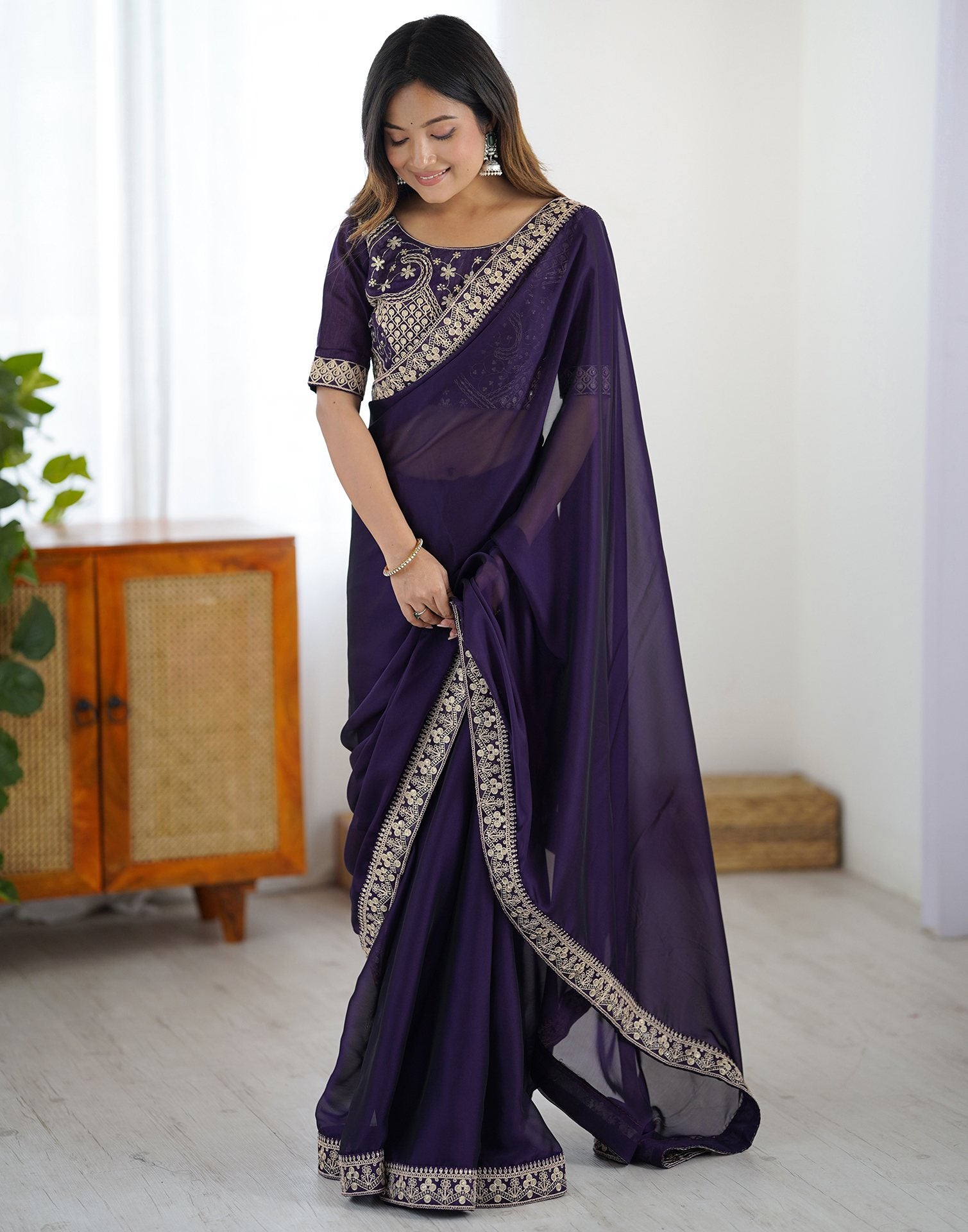 Dark Purple Silk Sequence Lace Saree