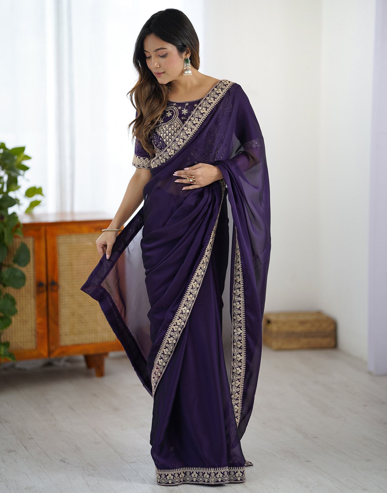 Dark Purple Silk Sequence Lace Saree