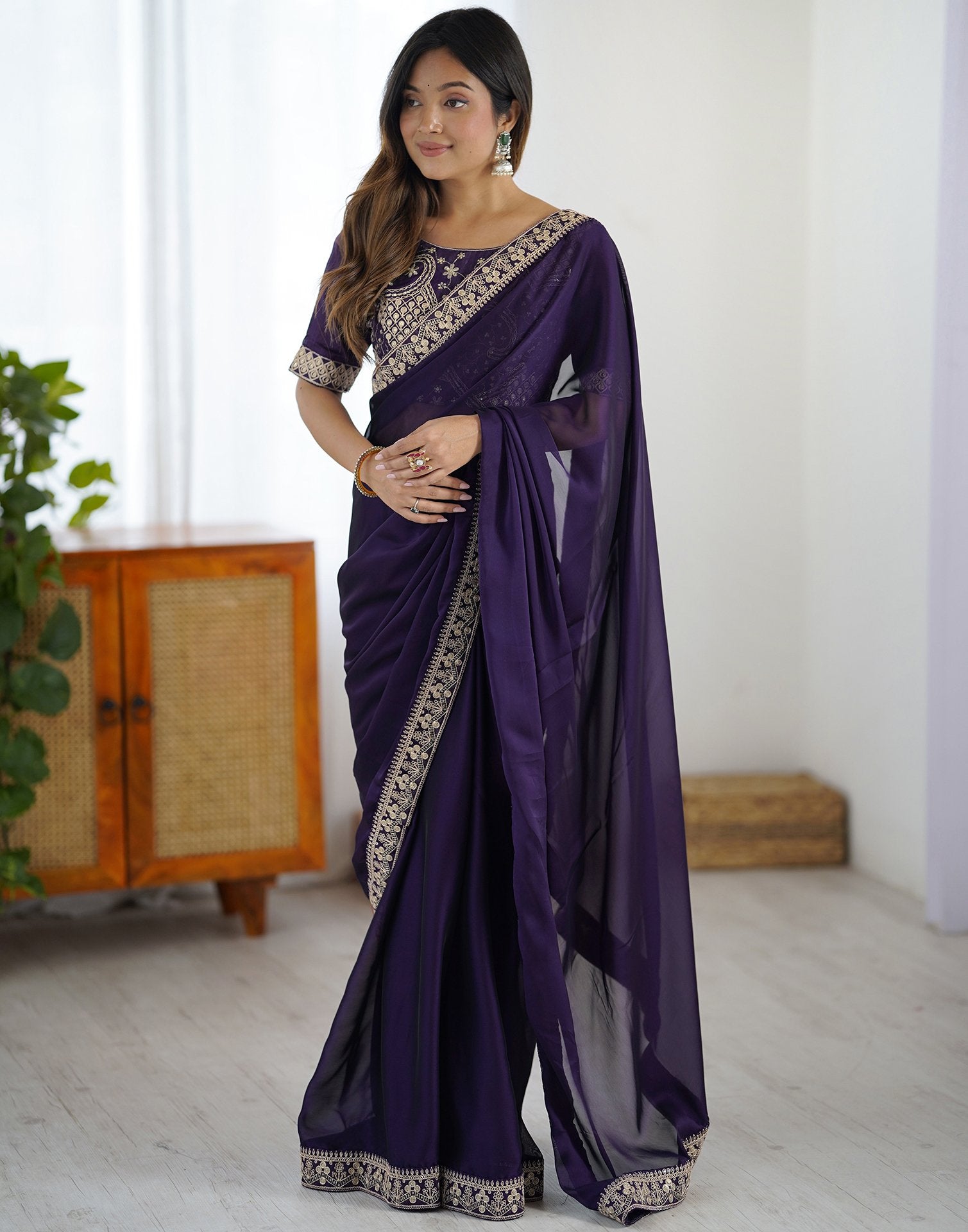 Dark Purple Silk Sequence Lace Saree