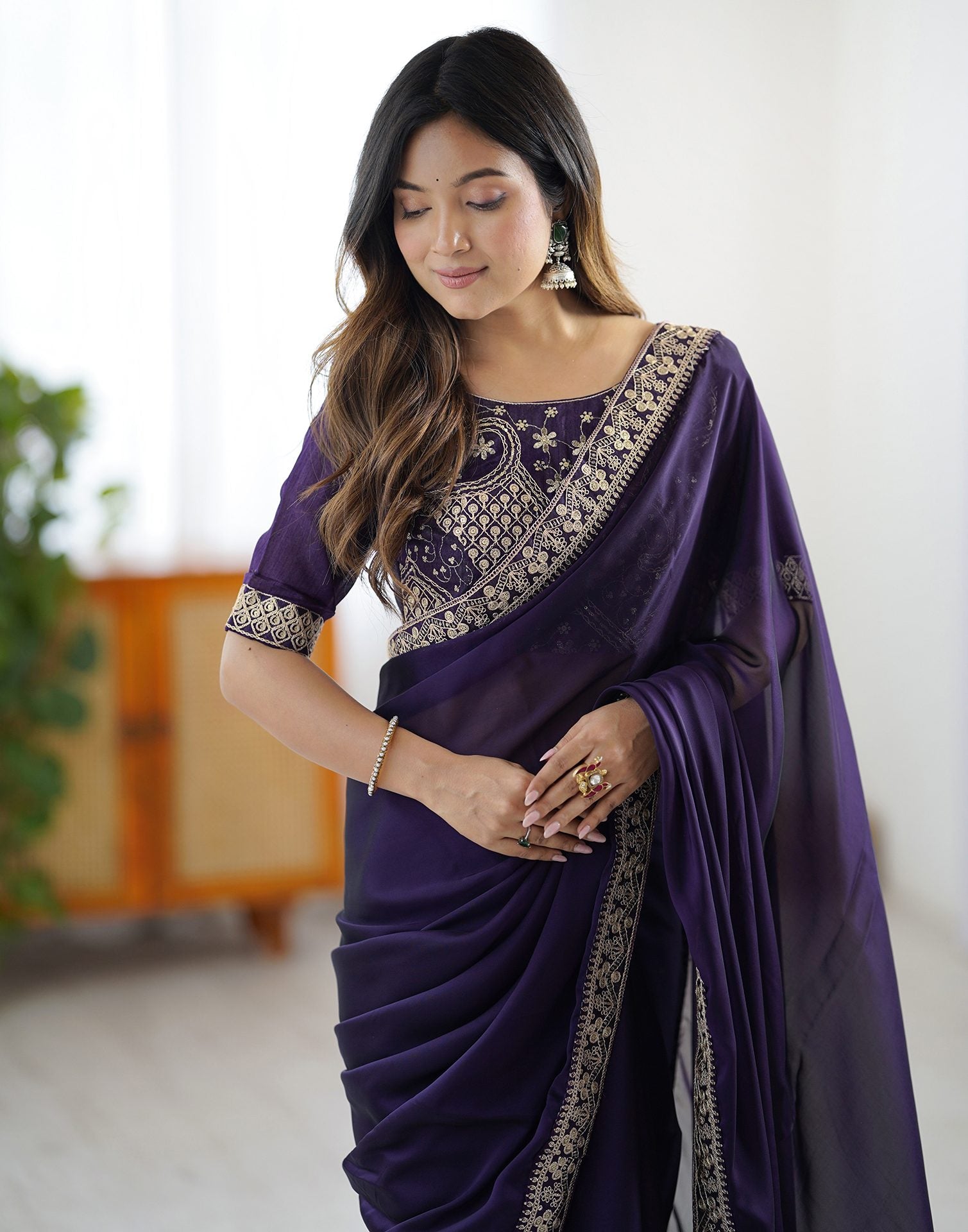 Dark Purple Silk Sequence Lace Saree