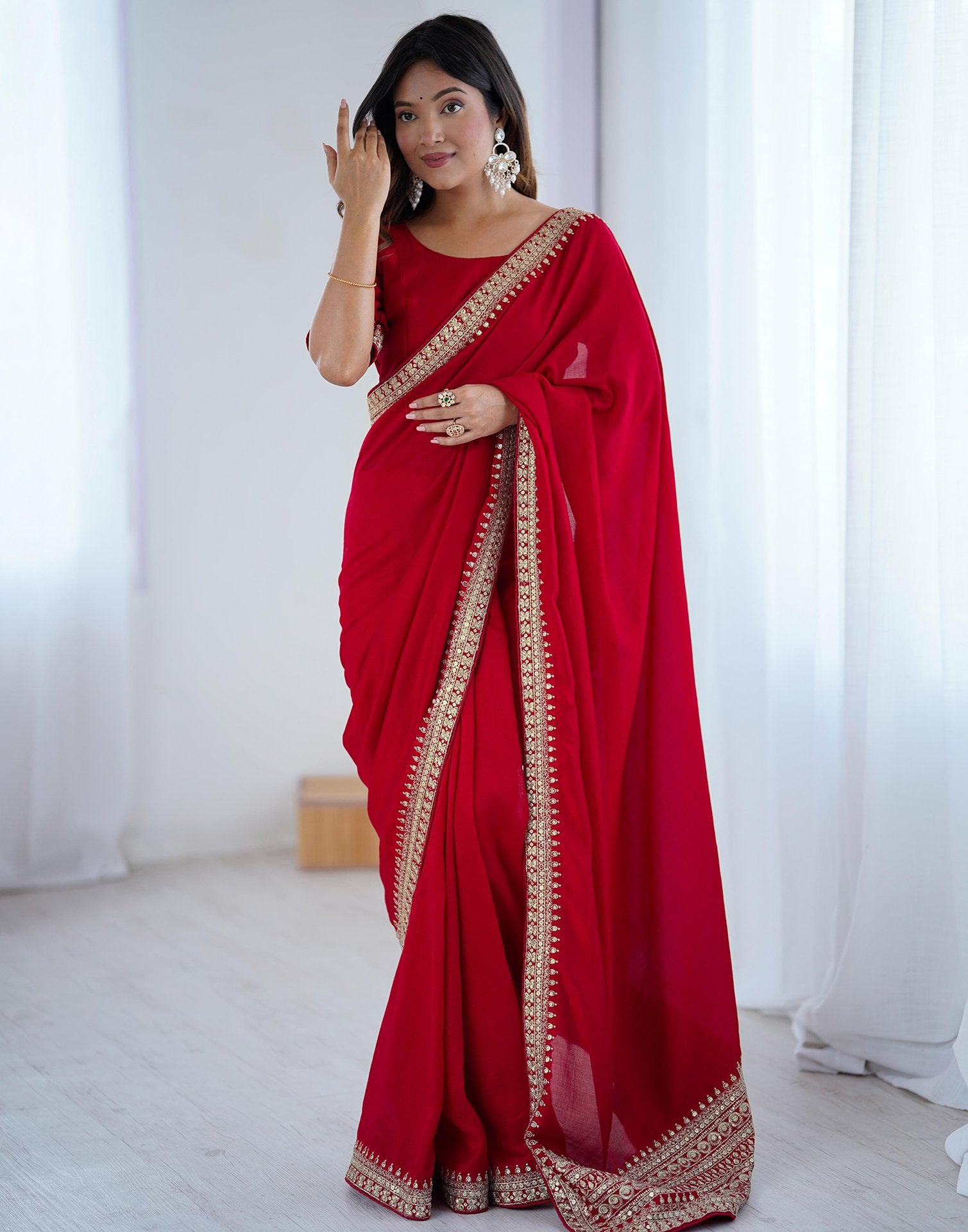 Red Silk Sequence Lace Saree