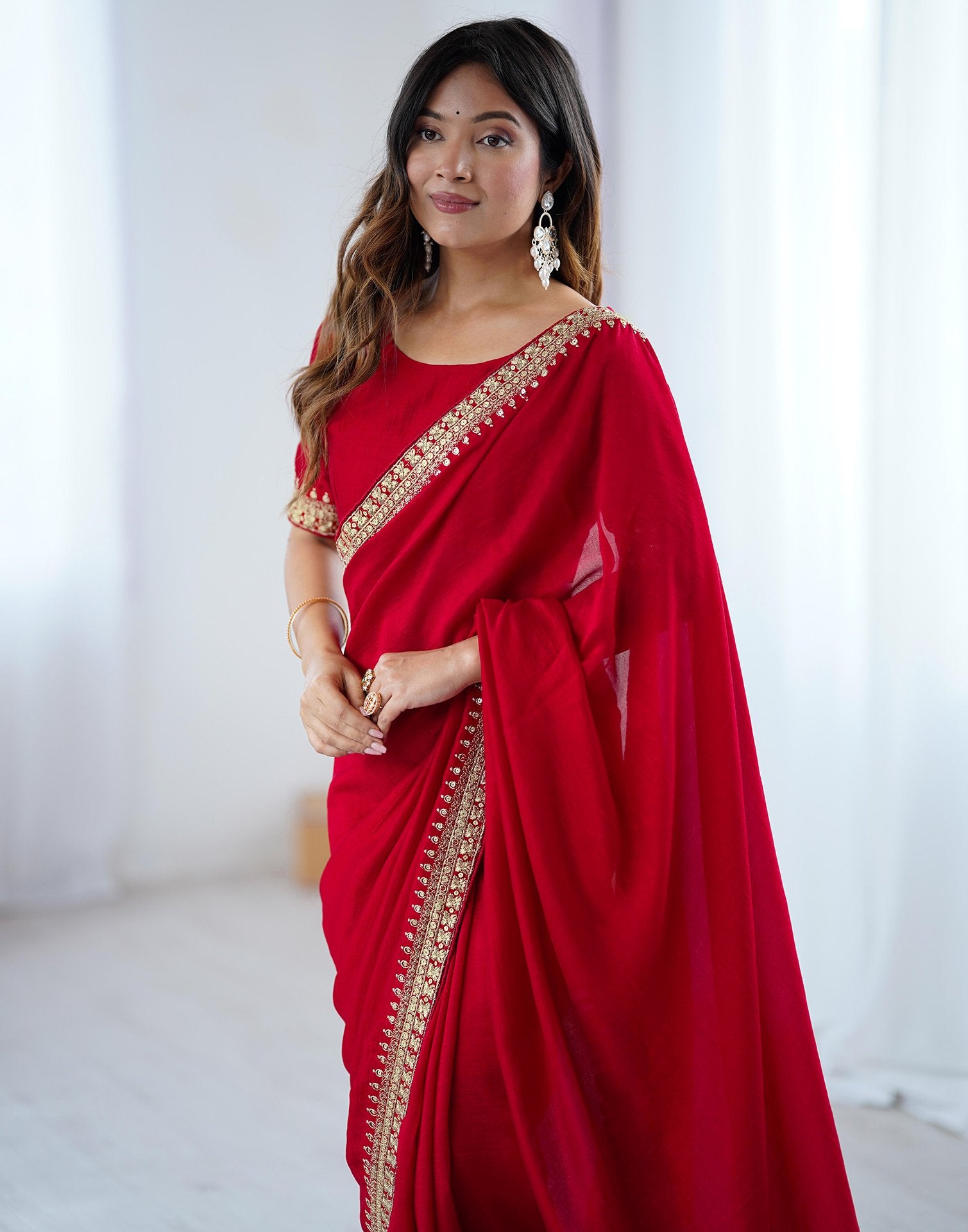 Red Silk Sequence Lace Saree